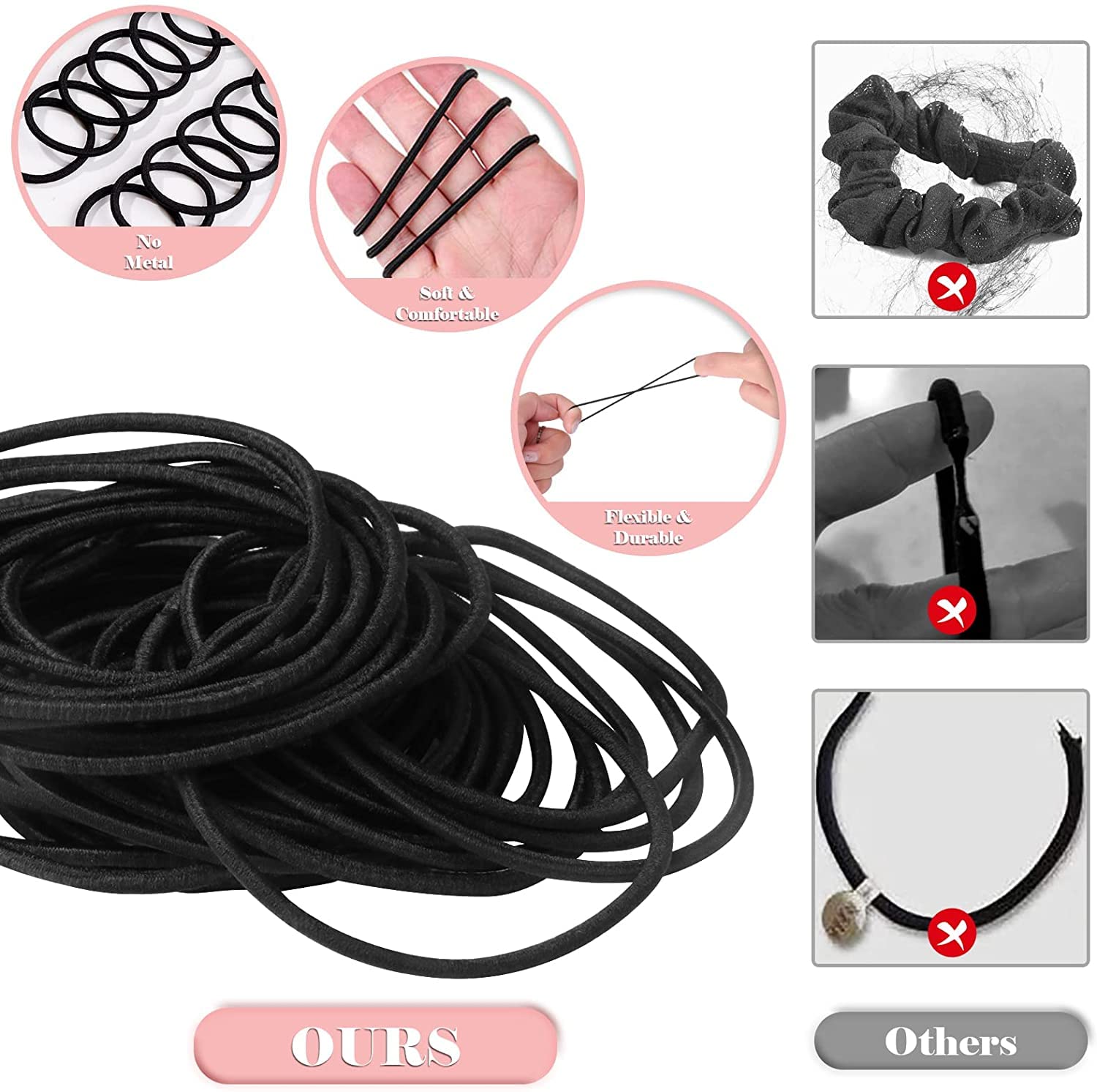 Nyamah Sales 50 PCS Black Hair Rubber Bands - No Snap Hair Ties for Braiding, Ponytails - Soft Elastic Hair Holders for Women, Kids & Baby Girls | Perfect for School, Work, Gym & Daily Styling
