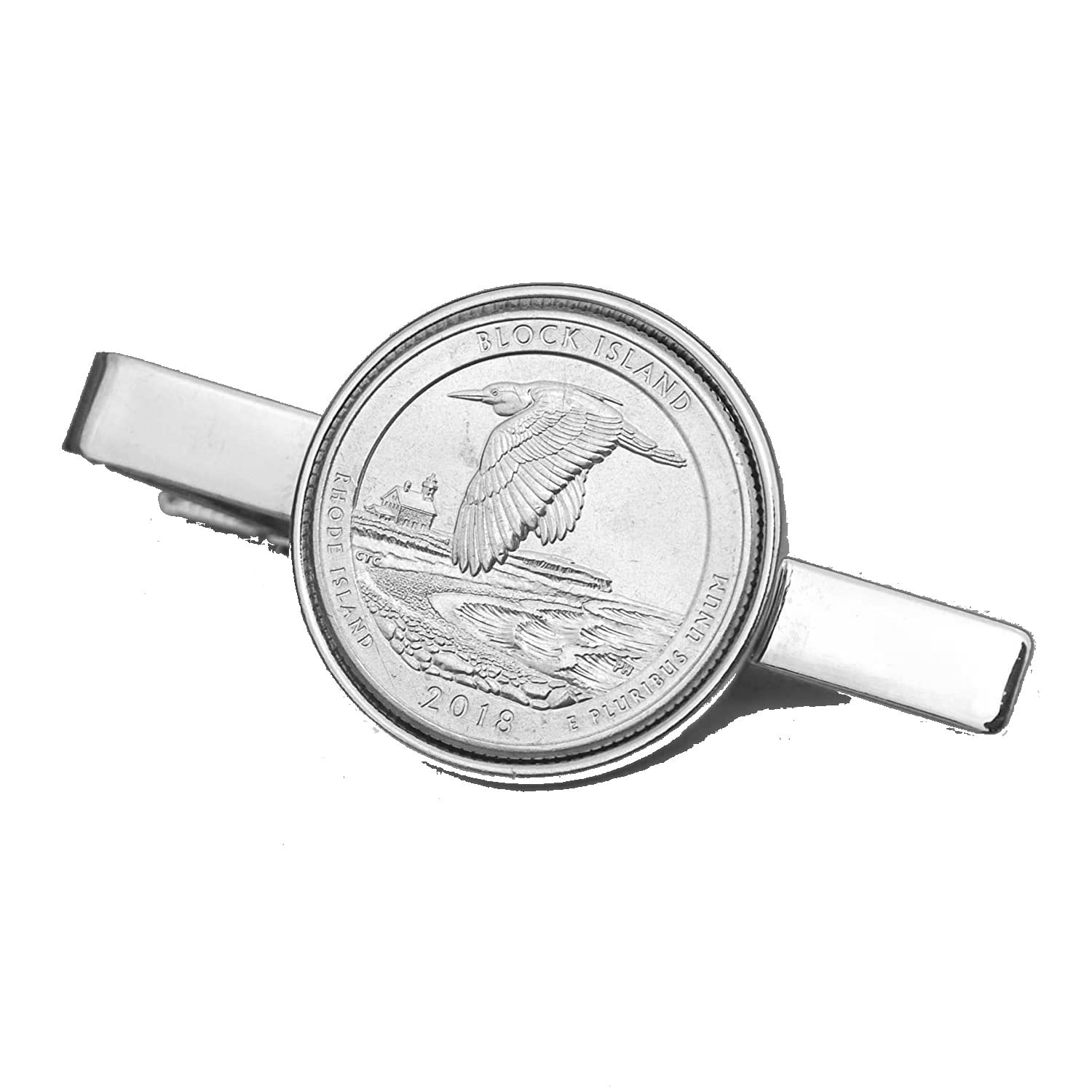 2018 Block Island National Wildlife Refuge Rhode Island Quarter BU Uncirculated 25 Cent Coin Silver Plated Tie Clip Clasp - America the Beautiful Series - Perfect Gift for Coin Collectors & Tie Accessory for Business Professionals