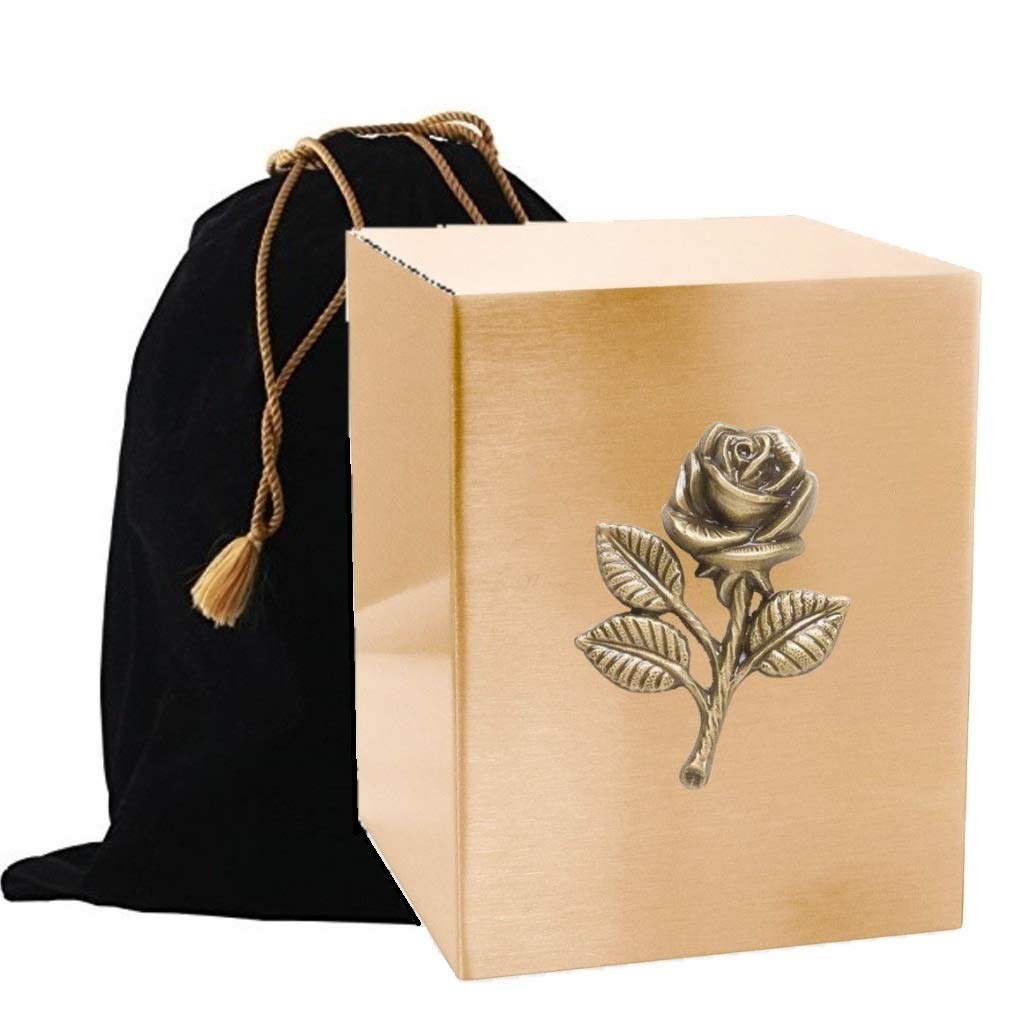 Handcrafted Custom Gold Applique Metal Cremation Urn Box for Adult Ashes - Elegant Funeral Keepsake with Free Rose Storage Bag | Perfect for Memorial Services & Home Display