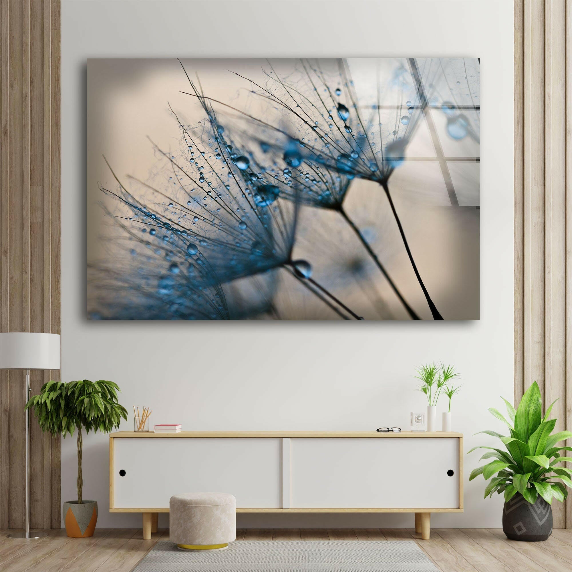 Blue Dandelion Flower Glass Wall Art - Handmade Decorative Panel for Living Room, Bedroom & Office - Perfect Home Decor Gift for Housewarming & Wedding