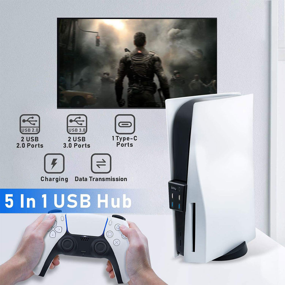 5-in-1 USB Hub for PS5 - High Speed USB 3.0 Splitter with 4K UHD Support - Perfect for Gaming Consoles, PC, Laptop & Home Office (Black, Model HBP 308)