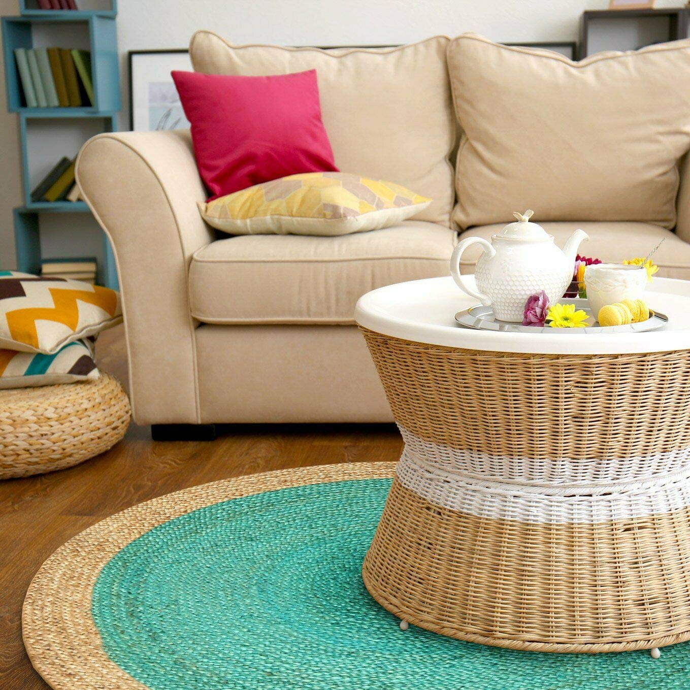 Handmade Natural Jute Round Area Rug - 11x11 Feet Farmhouse Braided Carpet for Living Room, Bedroom, Kitchen | Indoor & Outdoor Use | Boho Home Decor & Cozy Floor Mat (Turquoise)