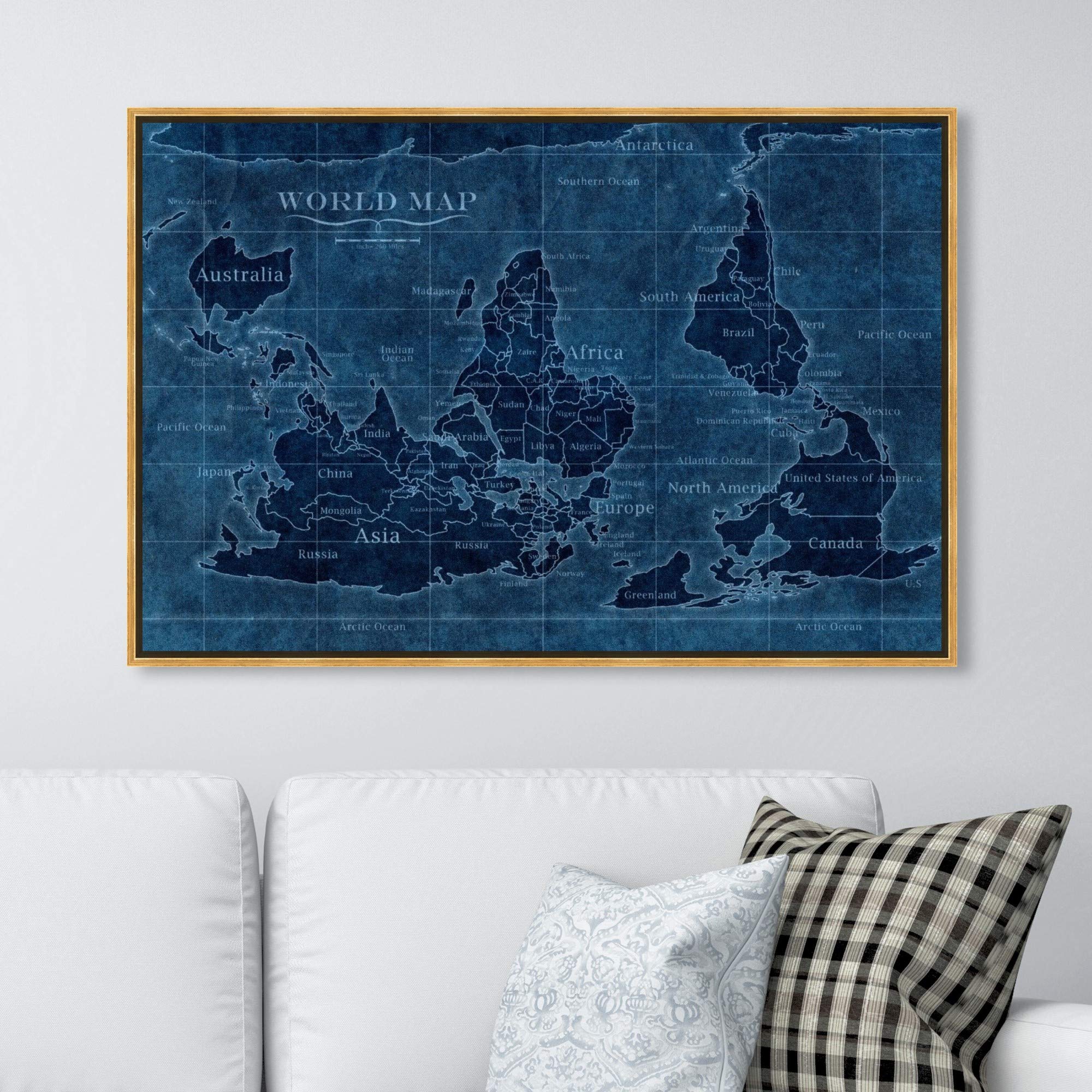 Upside-Down World Map Framed Wall Art - Premium Canvas Prints for Home & Office Decor | Unique World Maps & Flags Design for Living Room, Bedroom or Study