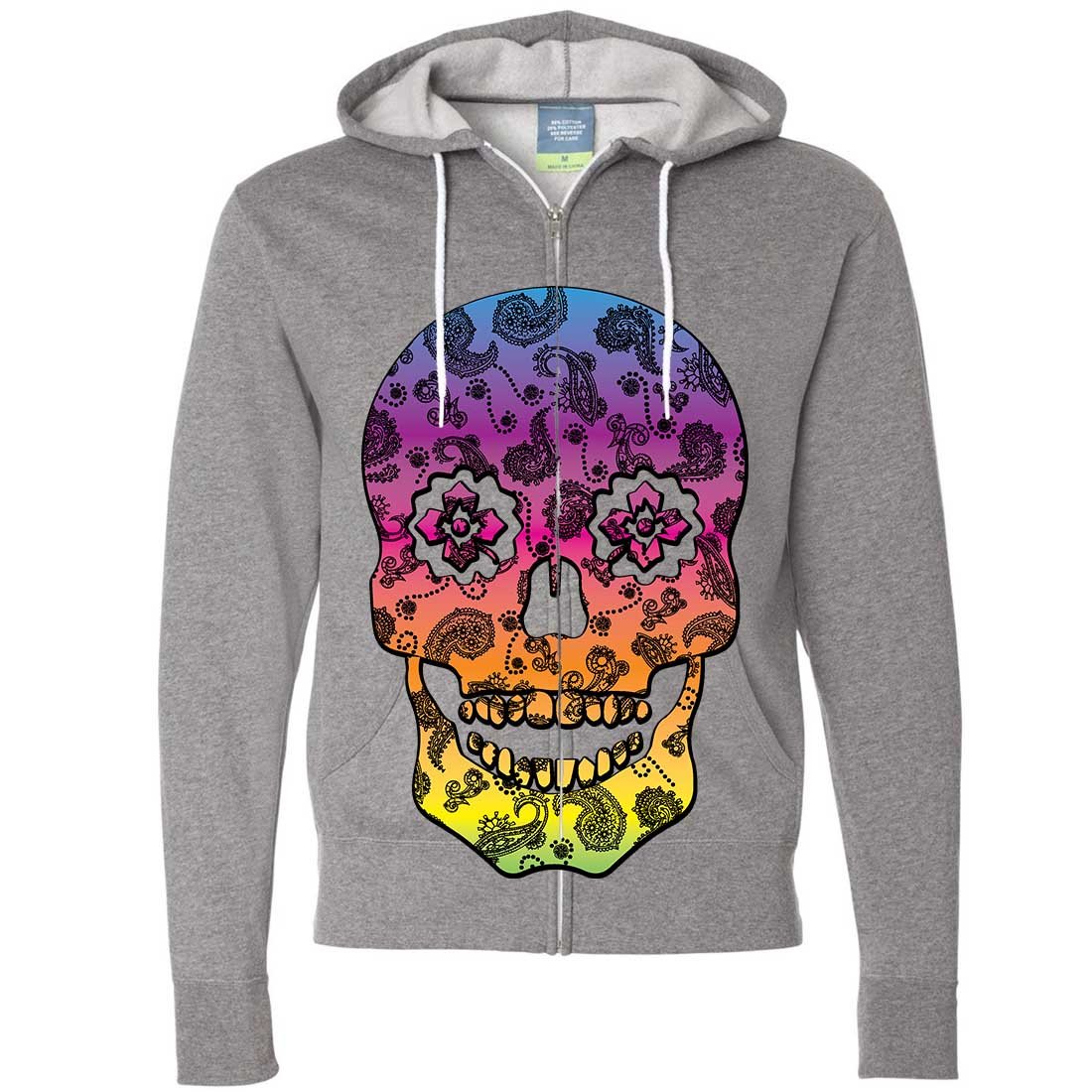 Stylish Neon Paisley Print Sugar Skull Zip-Up Hoodie for Men & Women | Gothic Streetwear Fashion | Perfect for Halloween, Concerts & Alternative Outfits