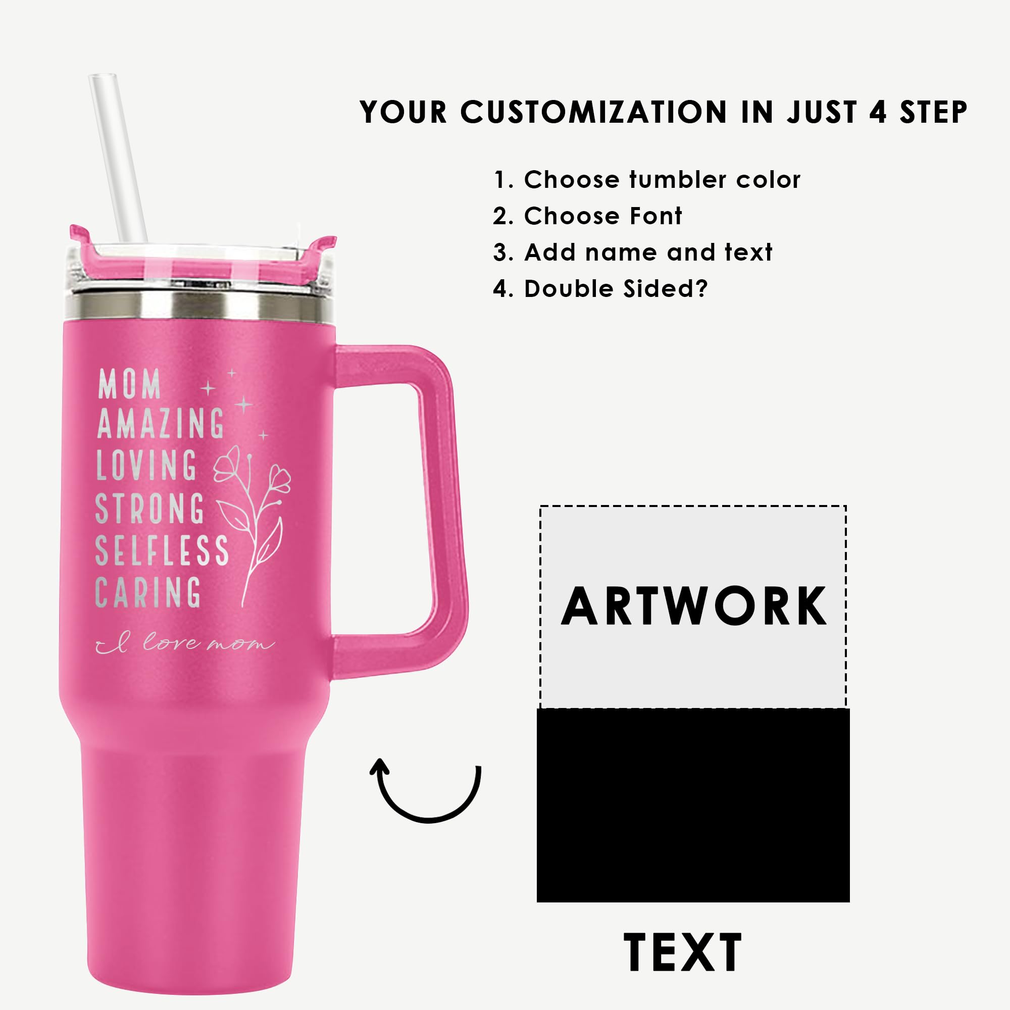 Personalized 40 oz Tumbler with Handle, Straw & Lid - Custom Engraved Travel Mug for Mom - Double Wall Vacuum Insulated Coffee Cup - Perfect Mother's Day & Birthday Gift - Ideal for Office, Gym, Travel & Daily Use