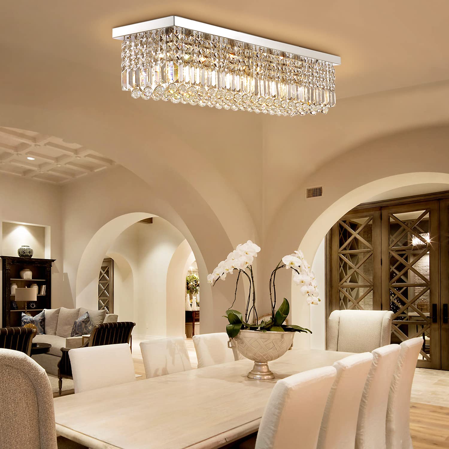 7PM Modern Rectangular Chandelier - 6-Light Flush Mount Luxury K9 Raindrop Crystal Chandelier for Dining Room, Kitchen & Living Room (31.5