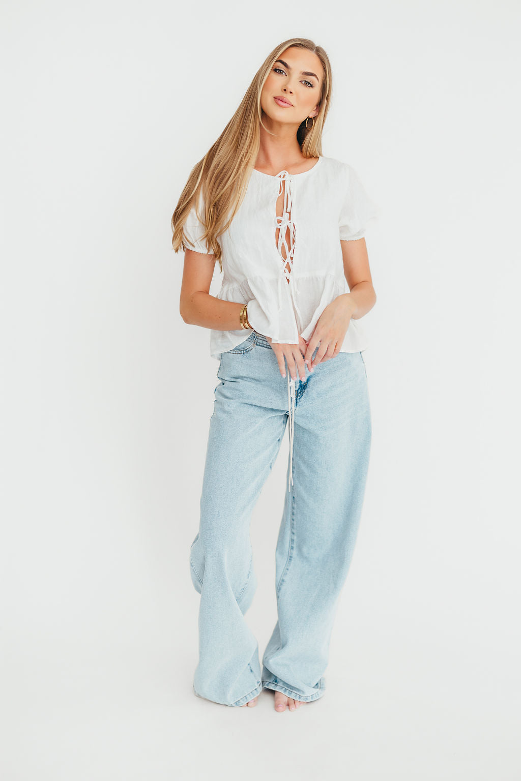 Mylie 100% Linen Woven Tie Top for Women - Off White Blouse | Breathable Summer Shirt, Casual Boho Chic Outfit for Beach, Date Night & Vacation