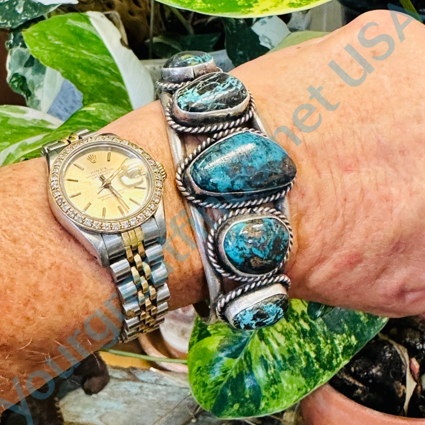 Stunning Navajo Row Bracelet with Bisbee & Carlin Mine Turquoise in Sterling Silver - Perfect for Boho Fashion & Southwest Jewelry Lovers