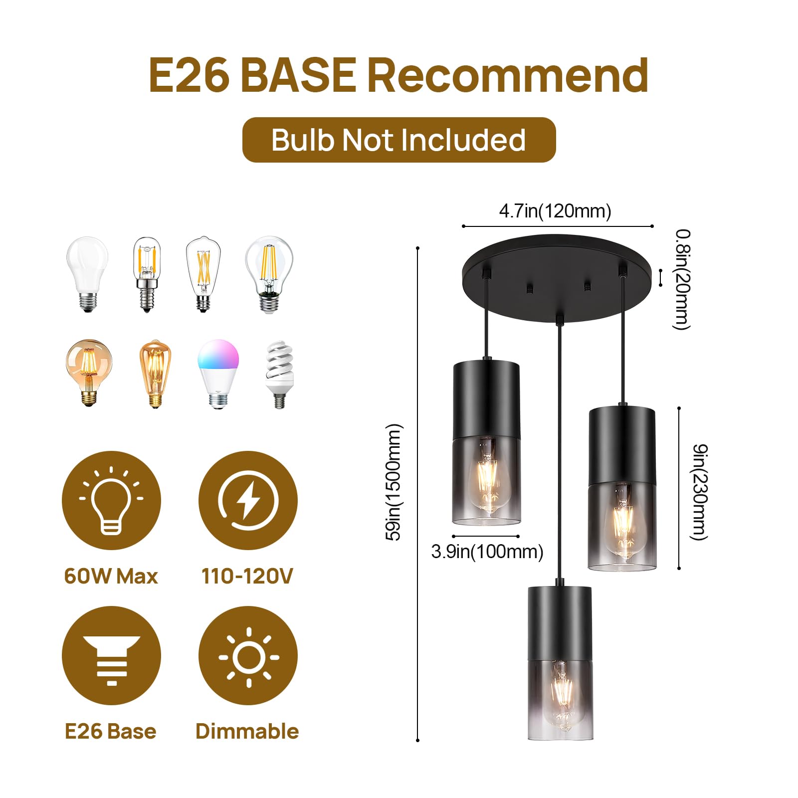 Industrial Black Glass Pendant Light - 3 E26 Bulb Kitchen Island Lighting with 59