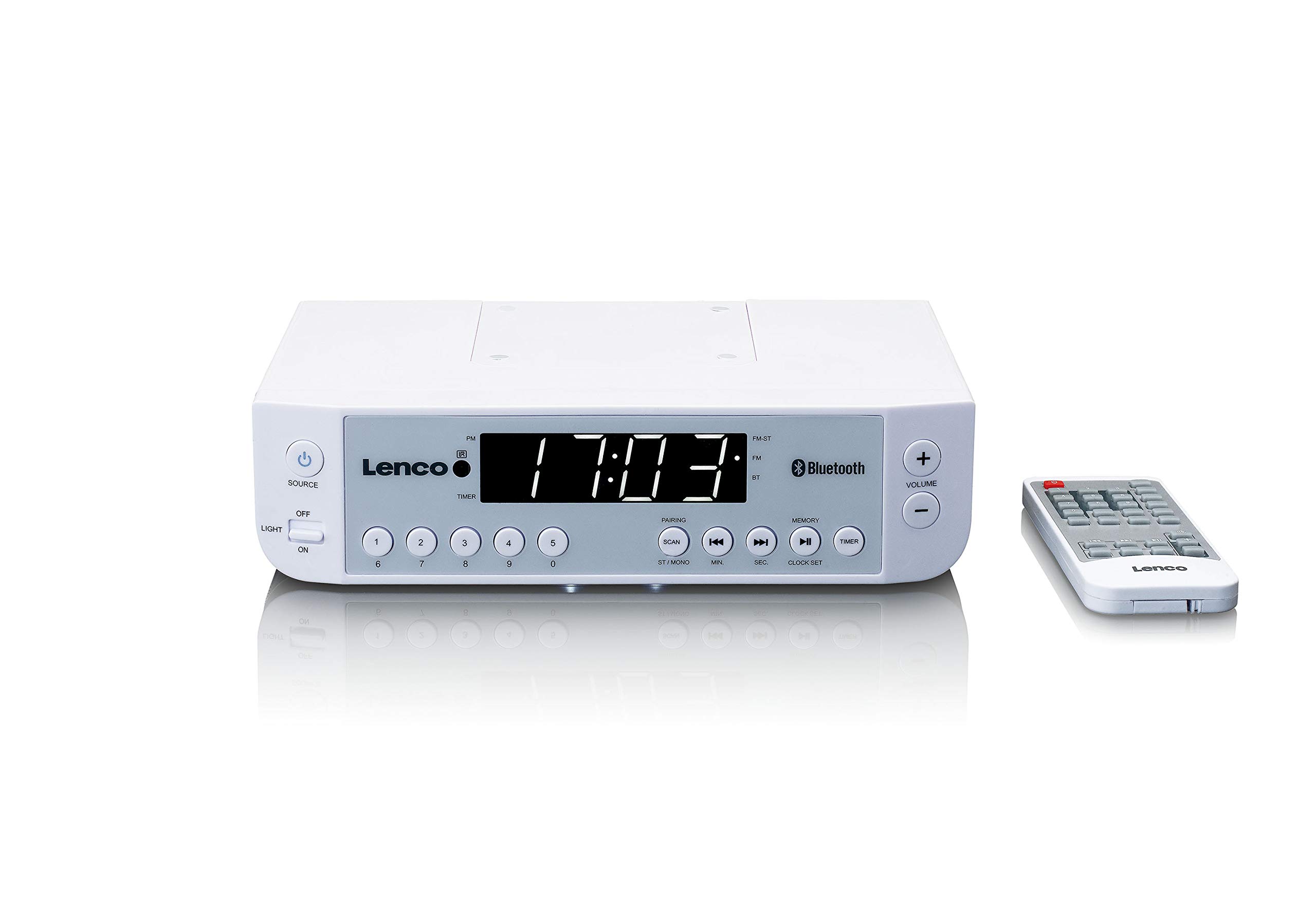 Lenco KCR-100 Bluetooth Kitchen Radio with Built-in FM PLL Receiver, 5 Station Memory, LED Display, 2x1W RMS Speakers, Timer Clock & Remote - White - Perfect for Cooking, Dining & Home Entertainment