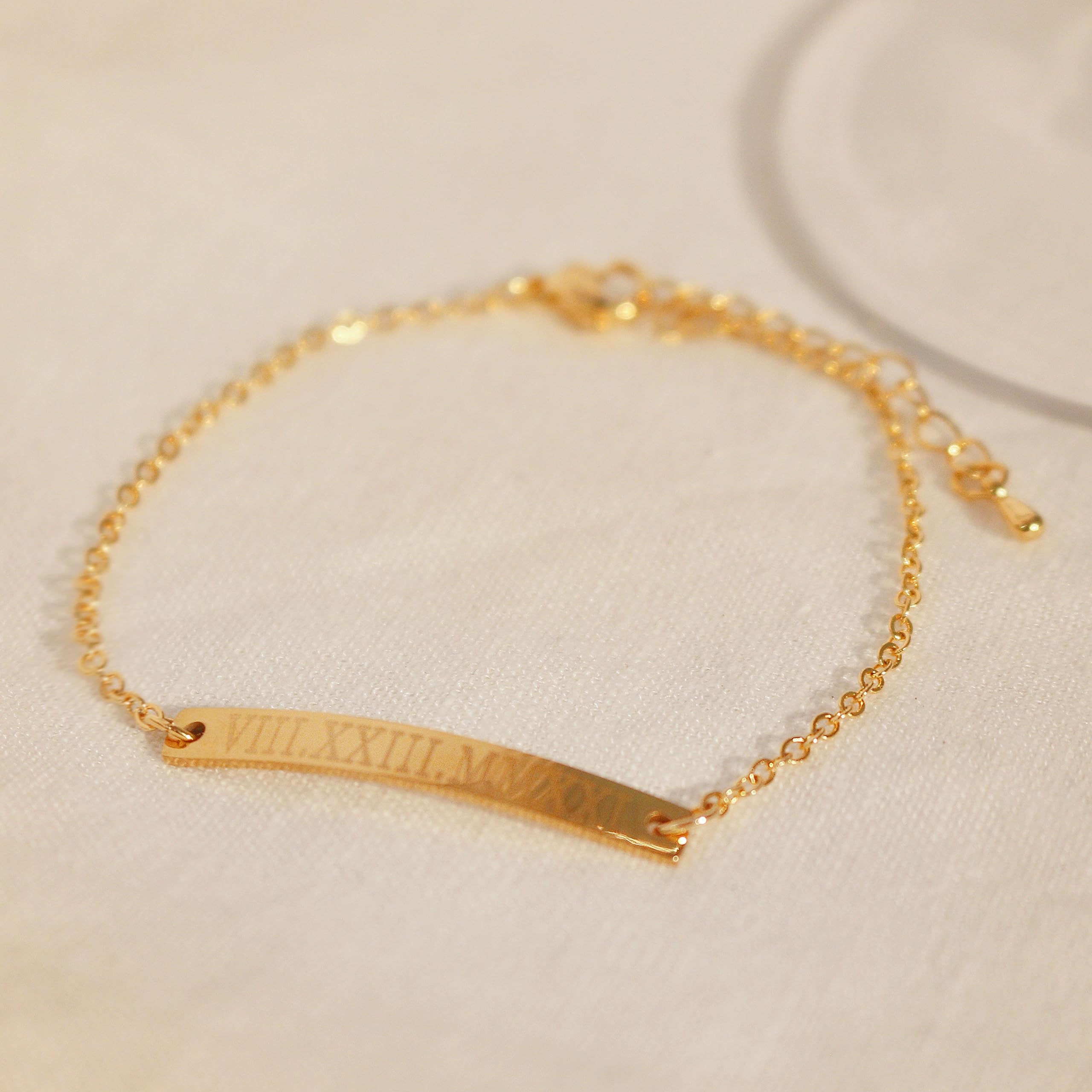 Personalized Roman Numeral Bracelet - Custom Name Plate Bar Charm Bracelet in Gold, Silver & Rose Gold | Dainty Jewelry for Women | Perfect Wedding, Bridesmaid & Graduation Gift | Anniversary, Birthday & Everyday Wear