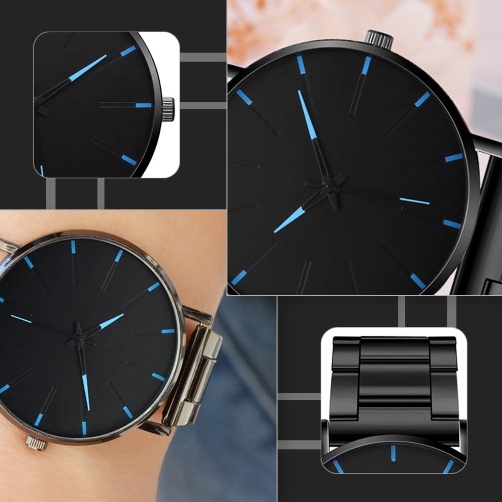 Ultra-Thin Stainless Steel Men's Watch - Black & Blue Casual Business Chronograph with Metal Strap | Waterproof Dress Watch for Office, Dating & Everyday Wear