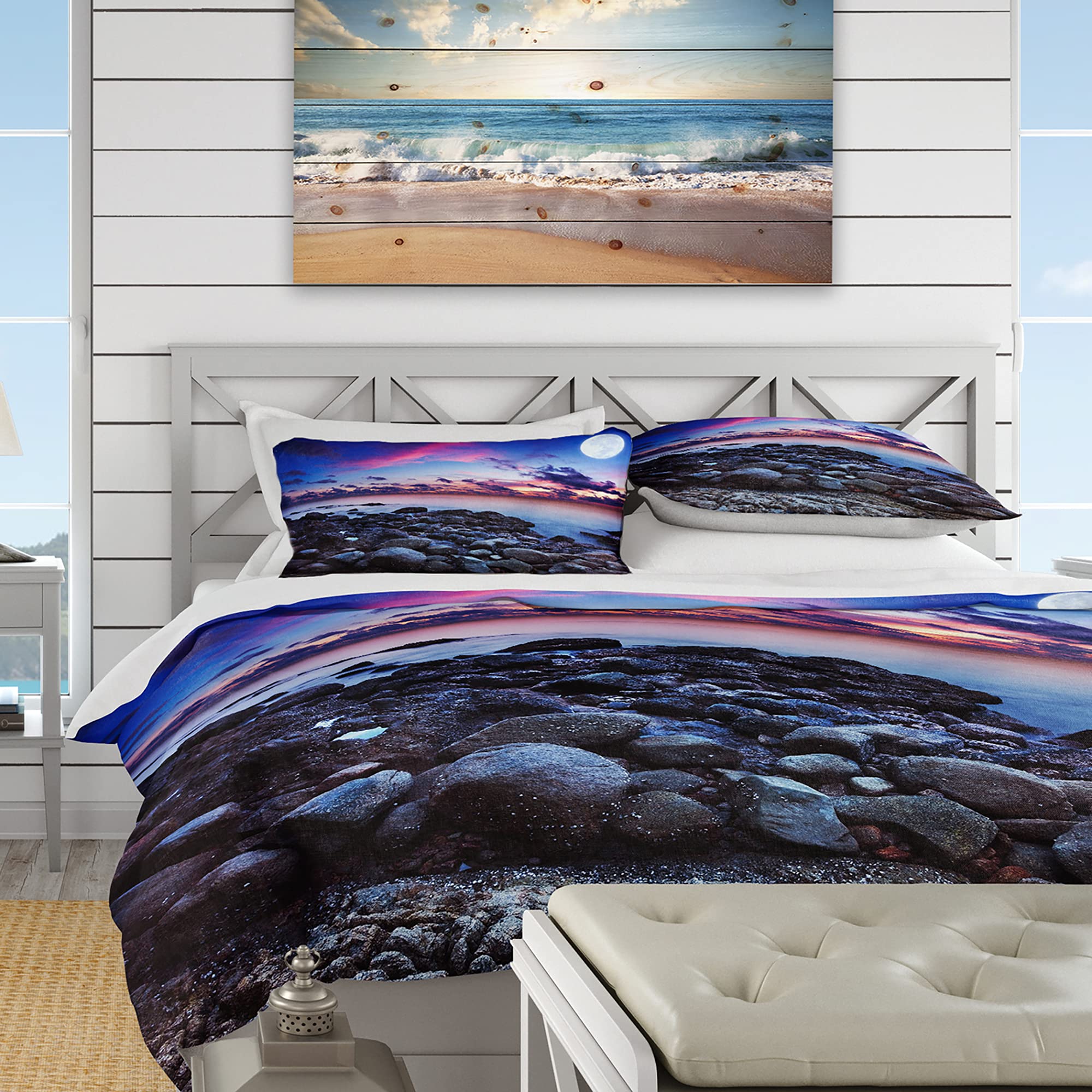 Full Moon Seascape Duvet Cover Set King - Coastal Beach Bedding for All Seasons