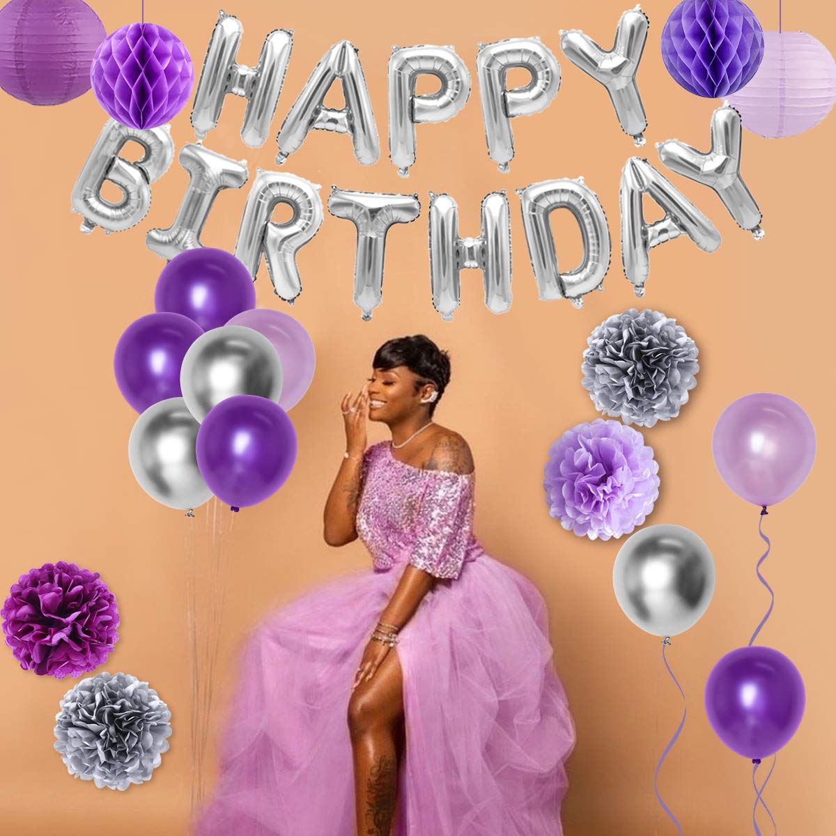 Purple & Silver Birthday Party Decorations Set - Happy Birthday Balloons, Banner, Cake Topper & Fringe Curtain - 21st/30th/40th Birthday Party Supplies for Women & Girls - Perfect for Milestone Birthdays, Photo Backdrops & Celebration Decor