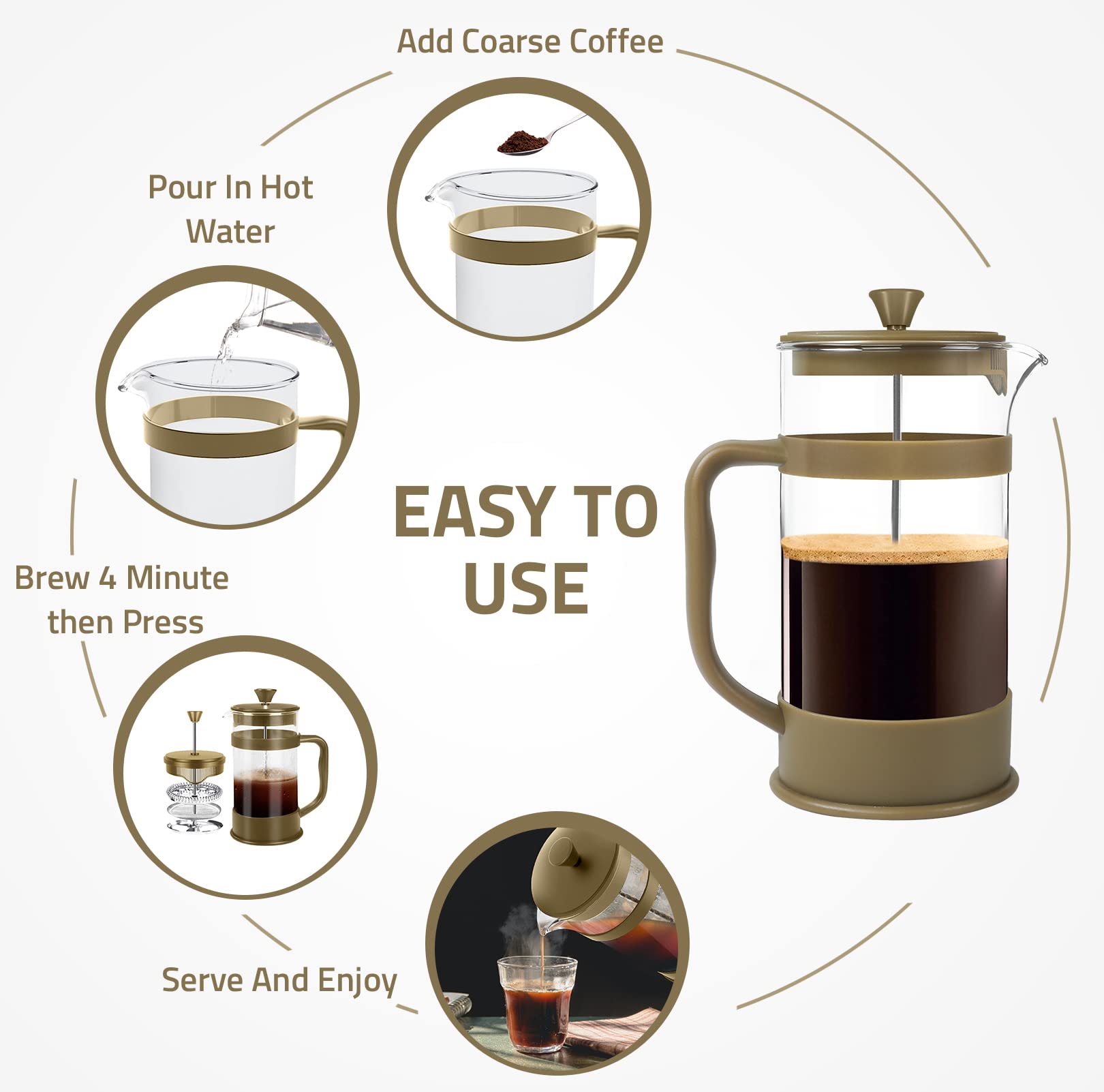 **Utopia Kitchen 51oz (1.5L) French Press Coffee & Tea Maker - Thickened Borosilicate Glass, Heat Resistant, Gold - Perfect for Camping, Travel, Home & Office Use**