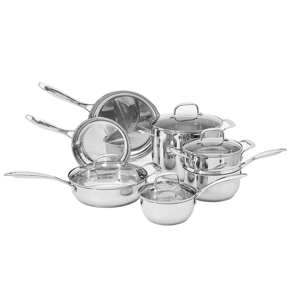 Amazon Basics 11-Piece Stainless Steel Cookware Set - Induction Ready Pots & Pans Set with Lids, Oven & Dishwasher Safe, Heavy Duty & Easy to Clean for Professional Cooking - Perfect for Home Chefs & Kitchen Enthusiasts