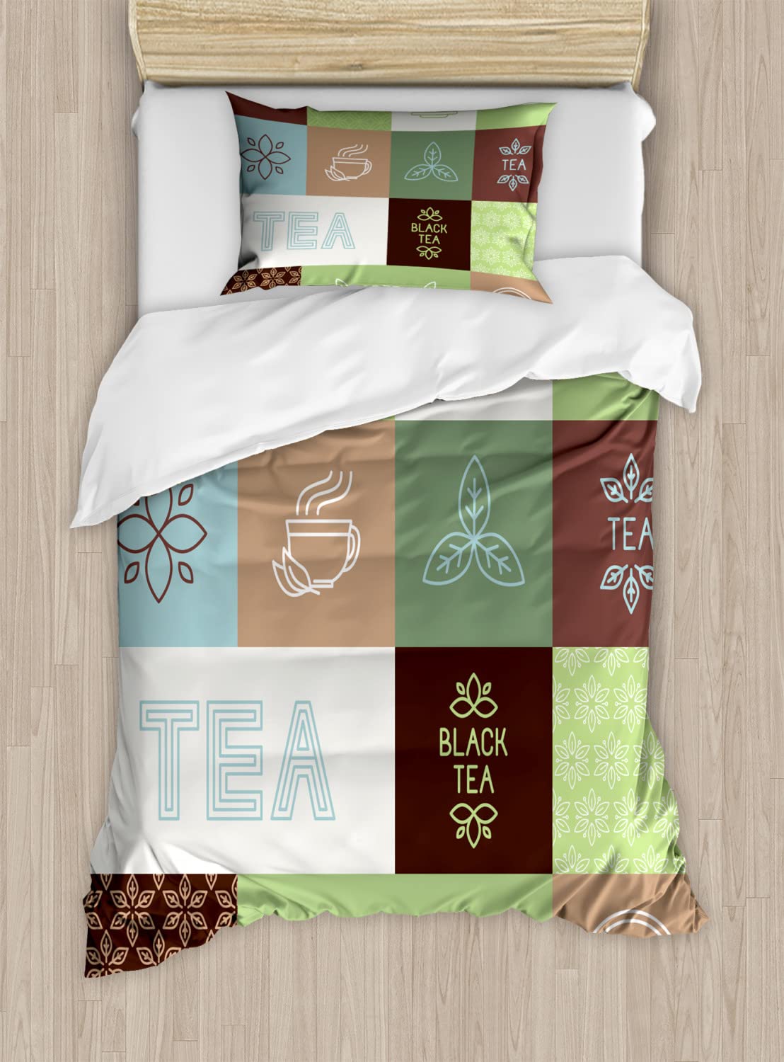 Ambesonne Tea Party Duvet Cover Set - Checkered Tea Theme Geometric Pattern in Soft Green, Brown & Blue - Minimalist Twin Size Bedding Set (2 Duvet Covers + 2 Pillowcases) - Perfect for Kids' Rooms, Guest Bedrooms & Tea-Themed Decor
