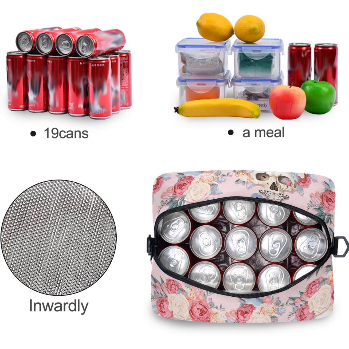 MNSRUU Insulated Lunch Bag with Skulls & Butterfly Design - Leakproof Reusable Lunch Tote for Women & Men - Perfect for Work, School, Picnics & Outdoor Activities