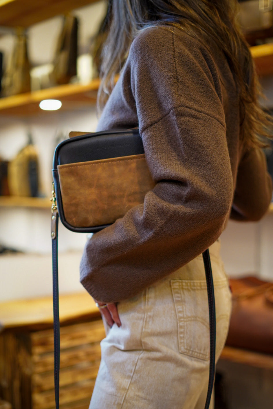 Premium Rectangle Crossbody Bag - Pebbled Black & Brown Leather - Perfect for Work, Travel & Everyday Use