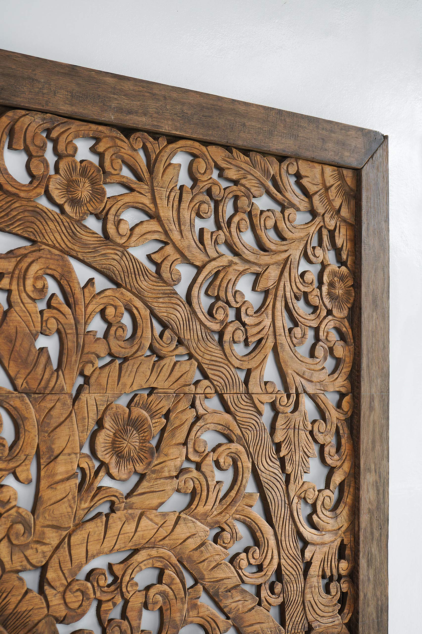 80-inch Super King Size Carved Wooden Headboard with Mandala Design - Wall Mounted Rustic Barn Finish in Weathered Brown - Perfect for Bedroom Decor, Farmhouse Style Homes & Bohemian Interiors