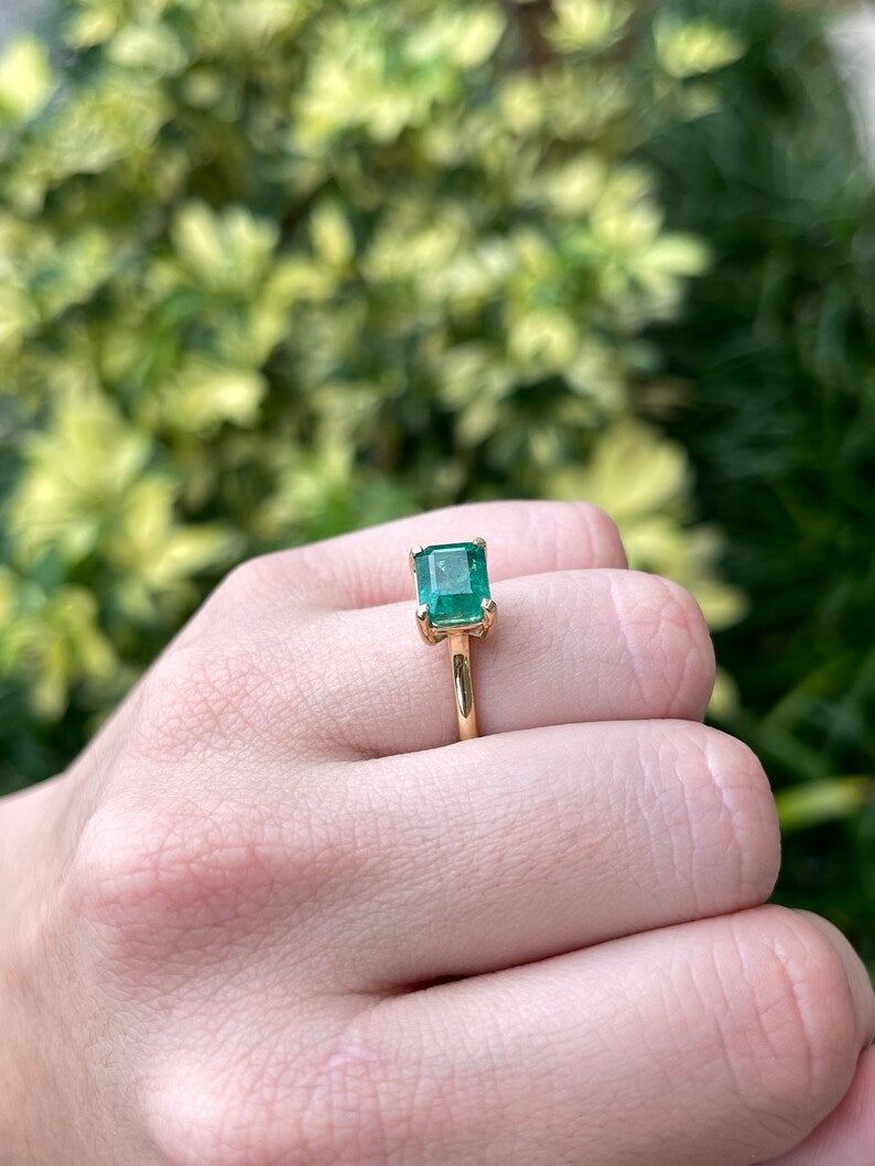 2.55ct 18K Natural Emerald Cut Bluish Green Medium Dark Green East to West Engagement Ring for Women - Vintage Inspired Wedding Band, Anniversary Gift, Proposal Jewelry for Her