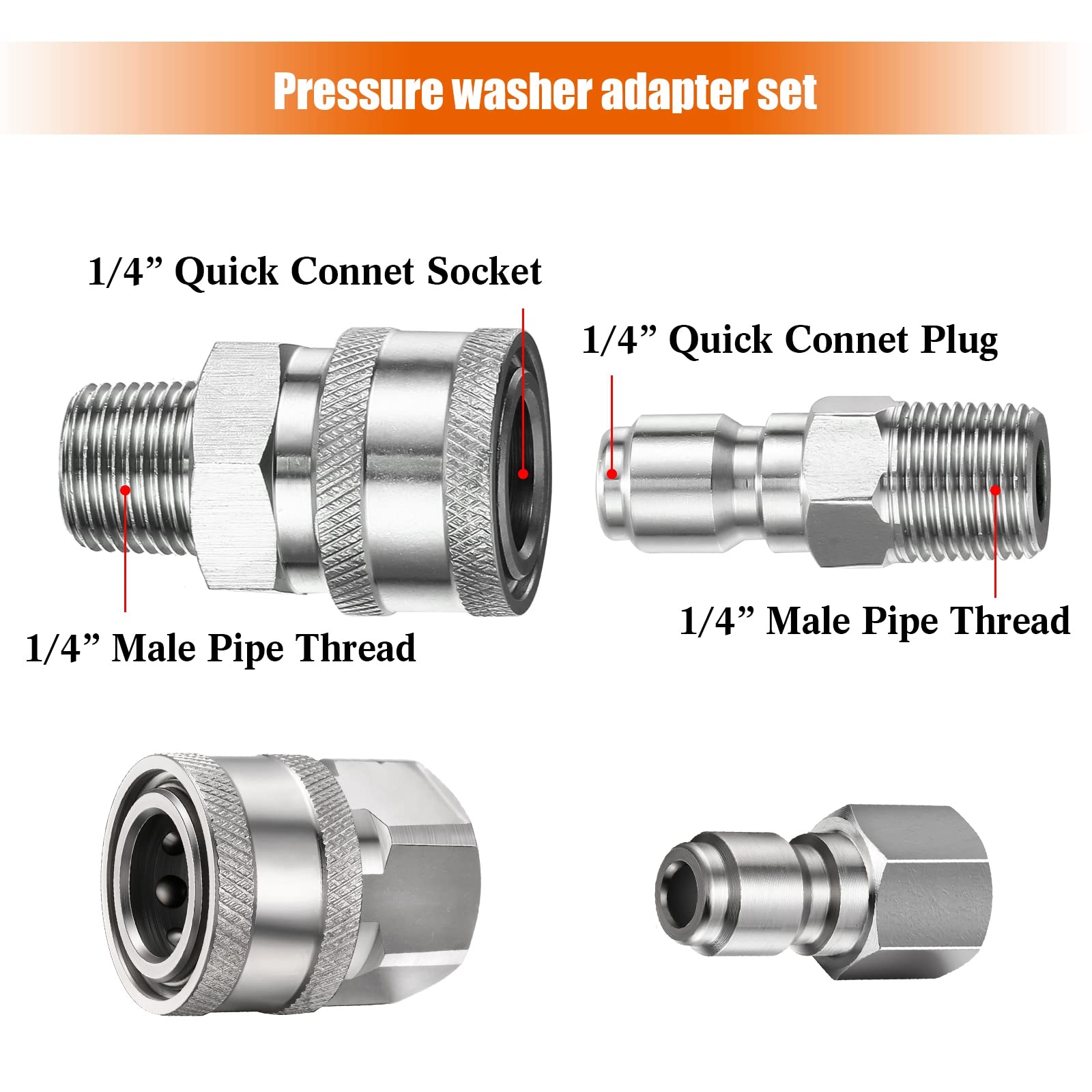 **Shimeyao 2 Sets 1/4 Inch NPT Pressure Washer Quick Connect Coupler - Male & Female Adapter Fittings for High-Pressure Washers (External & Internal Thread) - Ideal for Car Washing, Home Cleaning & Outdoor Equipment Maintenance**