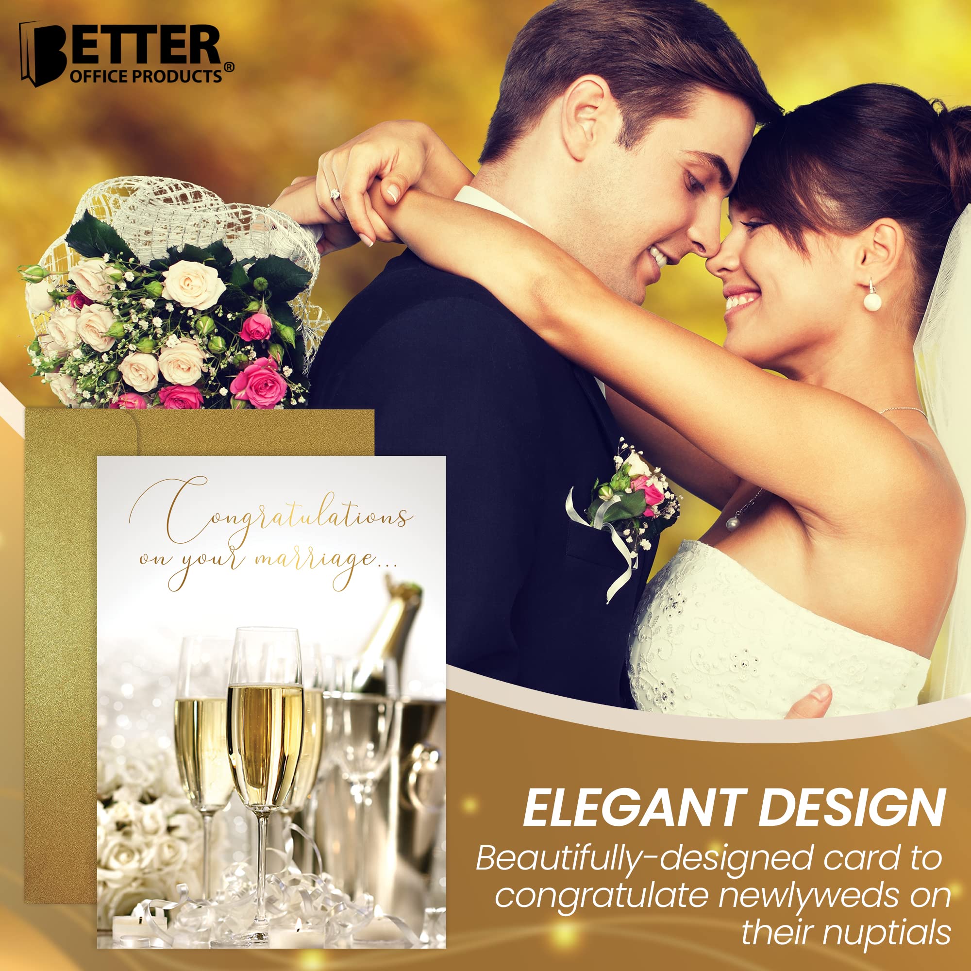 Elegant Wedding Congratulations Card with Gold Foil & Shimmer Envelope - 5x7 Inch Premium Cardstock, High Gloss Finish - Perfect for Bridal Showers, Anniversaries & Special Occasions
