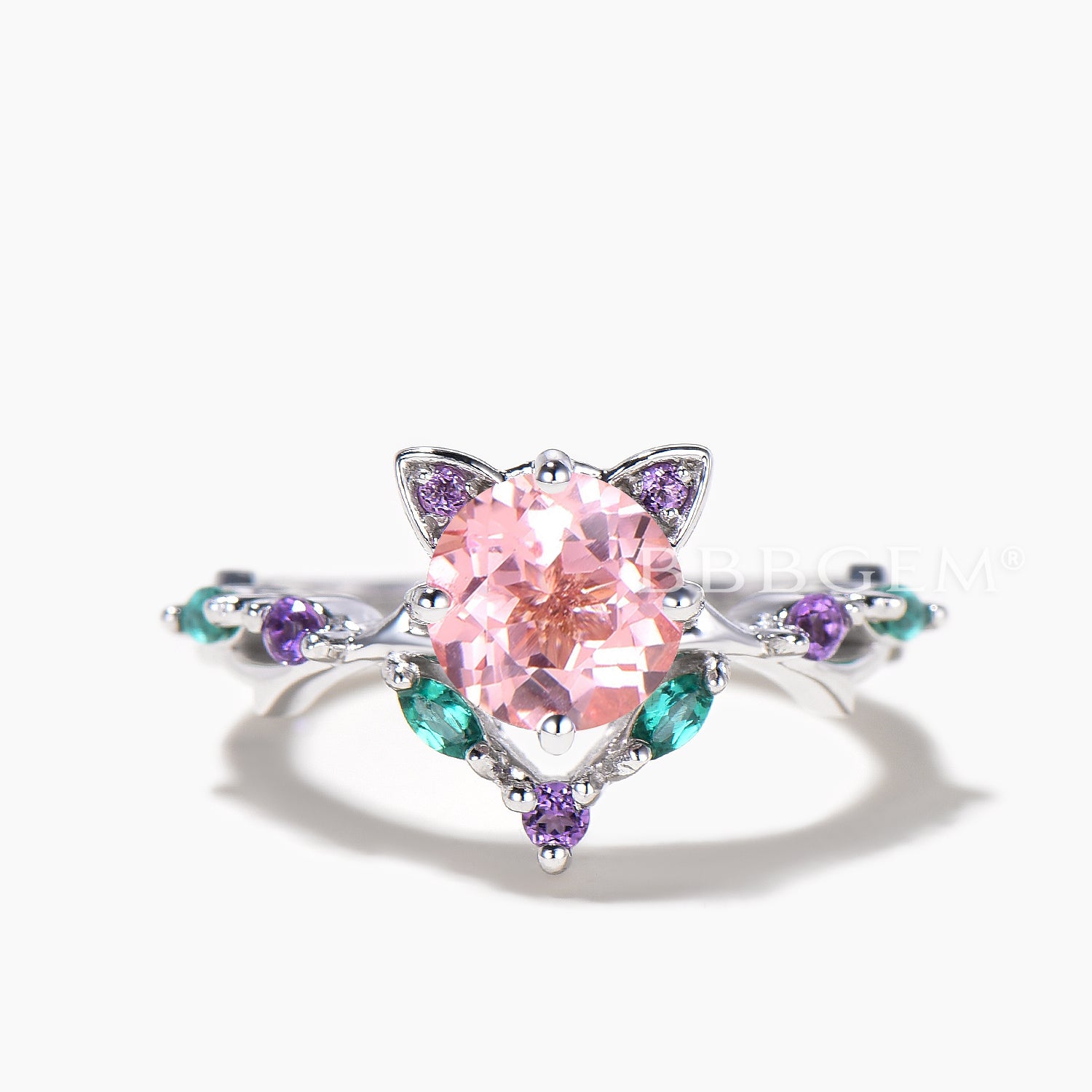 1ct Round Padparadscha Sapphire Ring - Pink Sapphire Cat Design Multi-Stone Ring for Women, Engagement, Wedding, Anniversary Gift (Ideal for Special Occasions & Everyday Elegance)