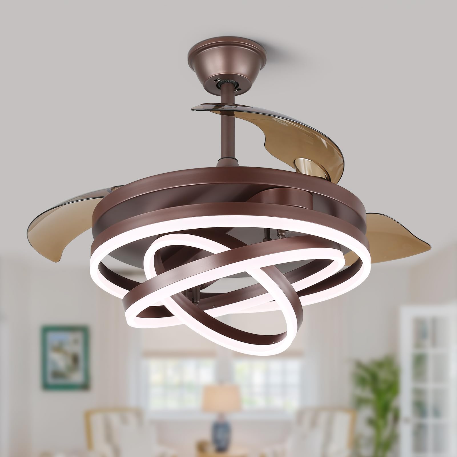 42 Inch Retractable Ceiling Fan with Light - Dimmable Fandelier, Silent DC Motor, 6 Speed Settings, Brown Chandelier Style - Perfect for Bedroom, Living Room, Kitchen, Kids Room & Patio | Energy-Efficient Home Cooling & Decorative Lighting Solution