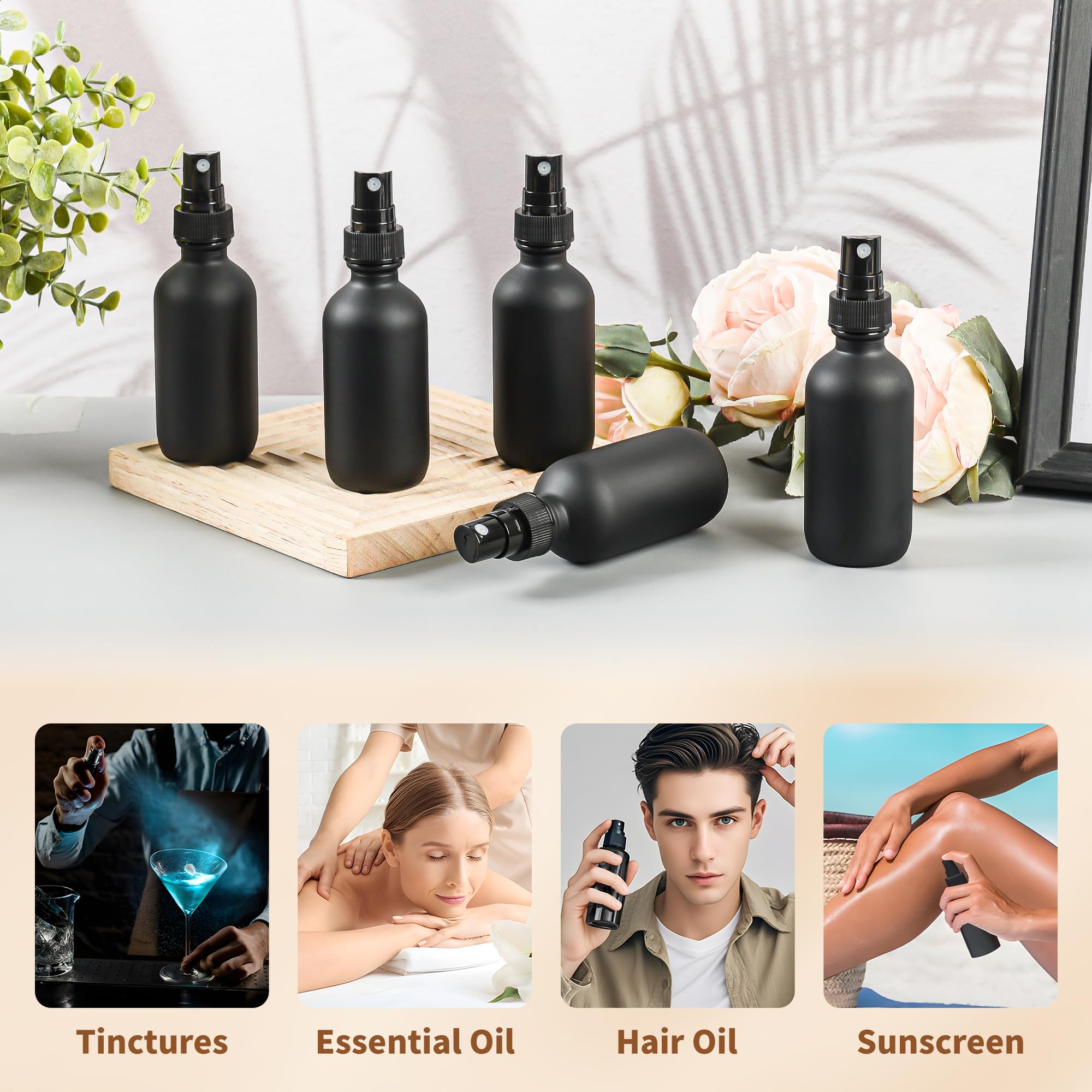 48 Pack 2oz Black Frosted Glass Boston Round Bottles with Fine Mist Sprayer - Leakproof Travel Essential Oil Containers for Bath, Beauty, Hair Care & Cleaning - Perfect for DIY, Travel & Home Organization