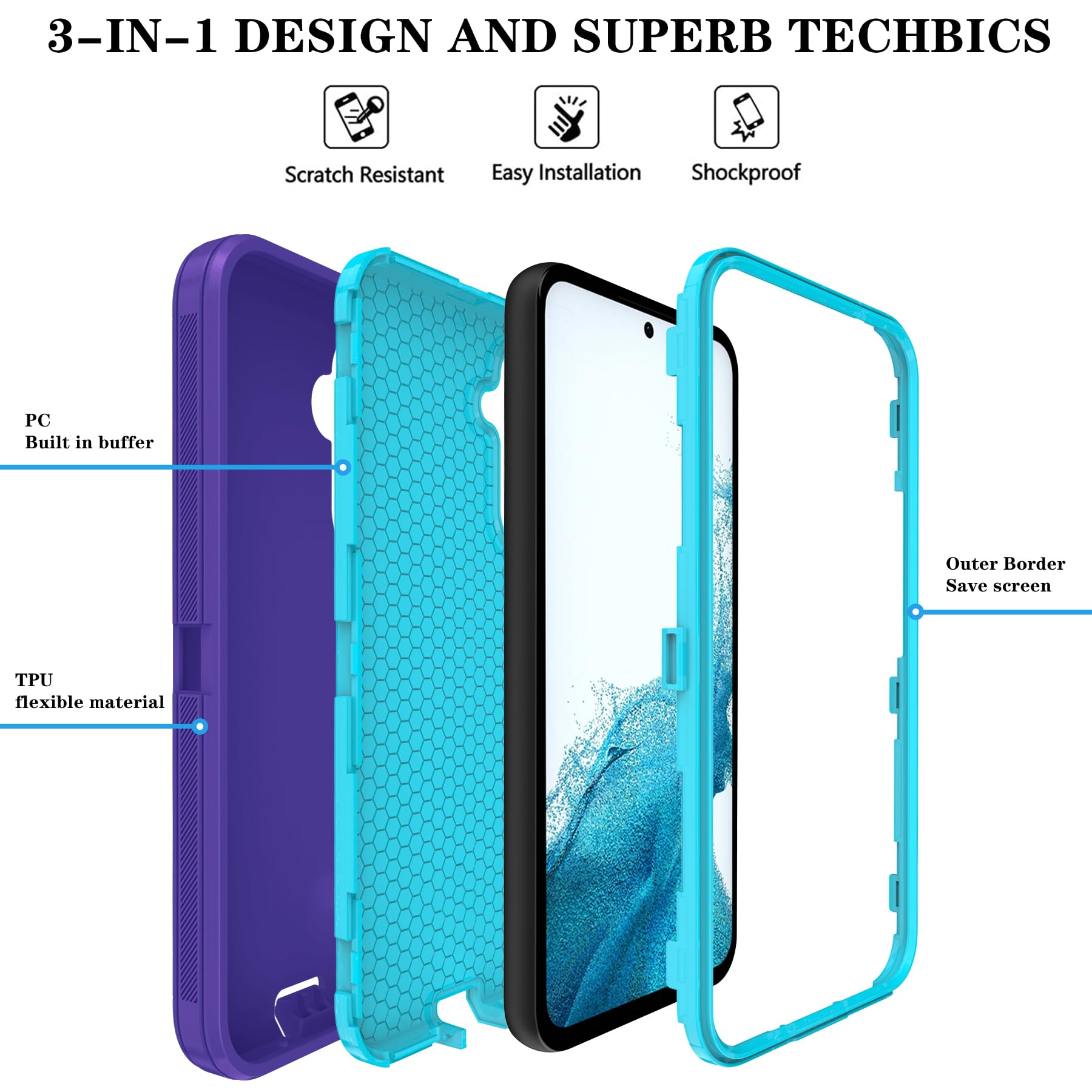 ONOLA Heavy Duty Shockproof 3-Layer Phone Case for Samsung Galaxy S23 6.1