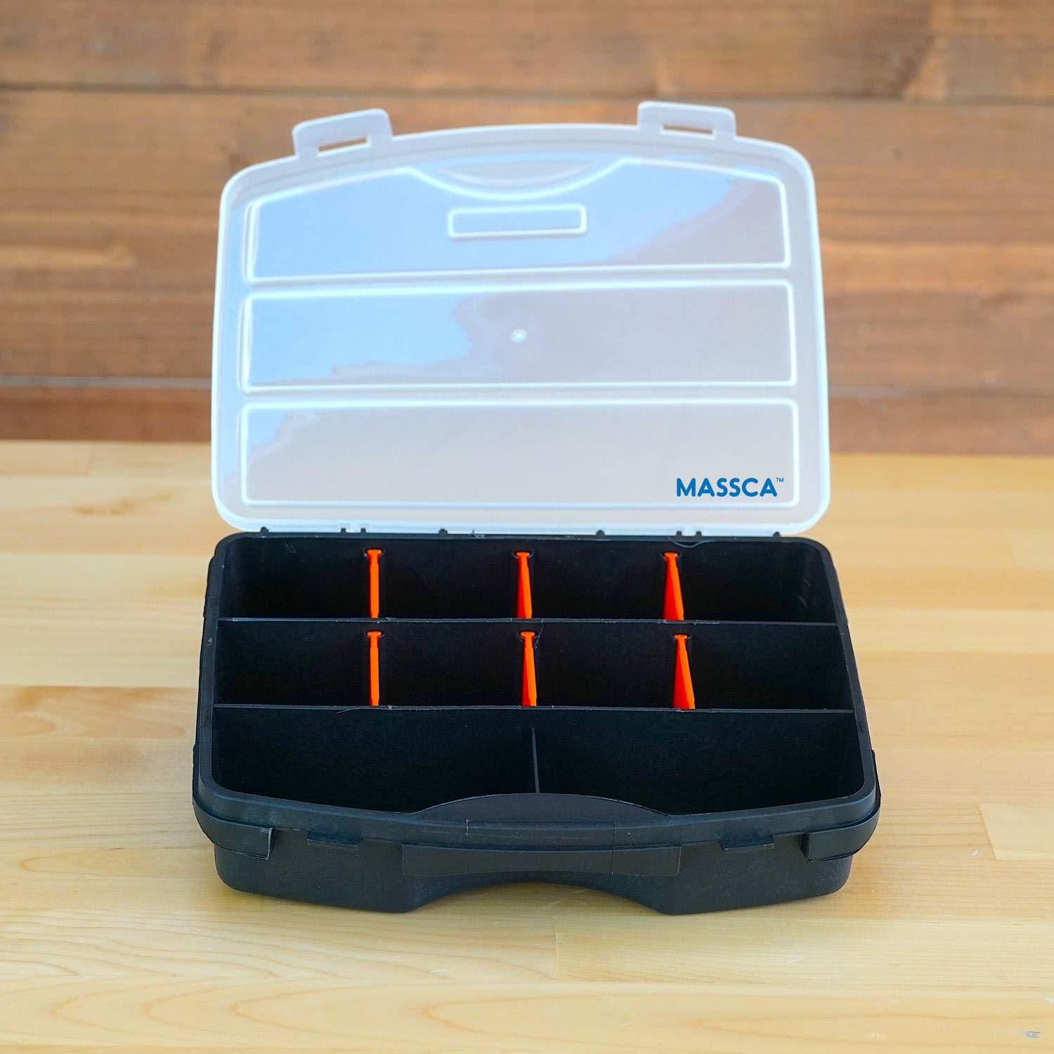 Massca 10-Compartment Screw Organizer Box - Heavy-Duty Plastic Hardware Storage for Nuts, Bolts, Screws & Small Parts - Slim Compact Design with Removable Dividers - Perfect for Toolboxes, Workshops & DIY Projects