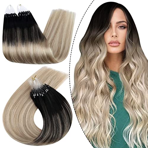 Ugeat 14 Inch Microlink Hair Extensions - #1B/18/60 Balayage Black to Ash Blonde Human Hair with Micro Loop (50g) | Real Human Hair for Volume & Length | Perfect for Weddings, Parties & Daily Styling