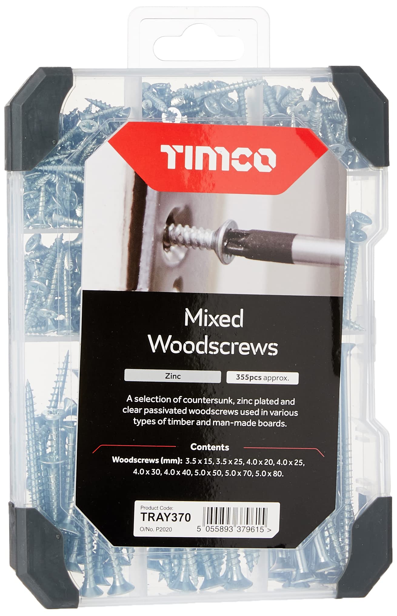 370 Countersunk Silver Woodscrews - 355pcs Mixed Tray for Woodworking, Furniture Assembly & DIY Projects | Rust-Resistant Fasteners for Cabinets, Decks & Home Repairs