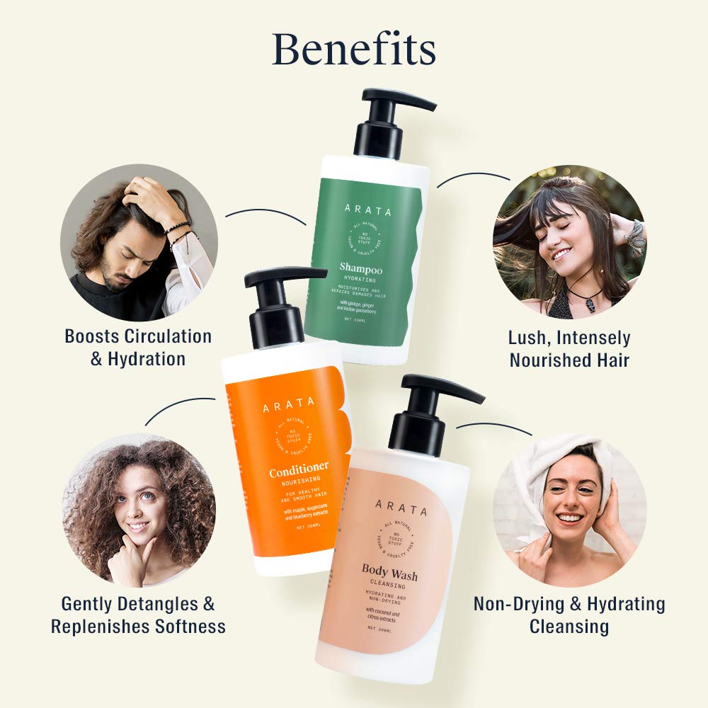 Arata Natural Deep Hydration Combo Therapy Set - Hydrating Shampoo, Body Wash & Conditioner (300ml Each) for Men & Women | Vegan, Cruelty-Free Hair & Skin Care | Intensely Nourishes Hair & Moisturizes Skin | Perfect for Daily Shower & Hair Care Routine