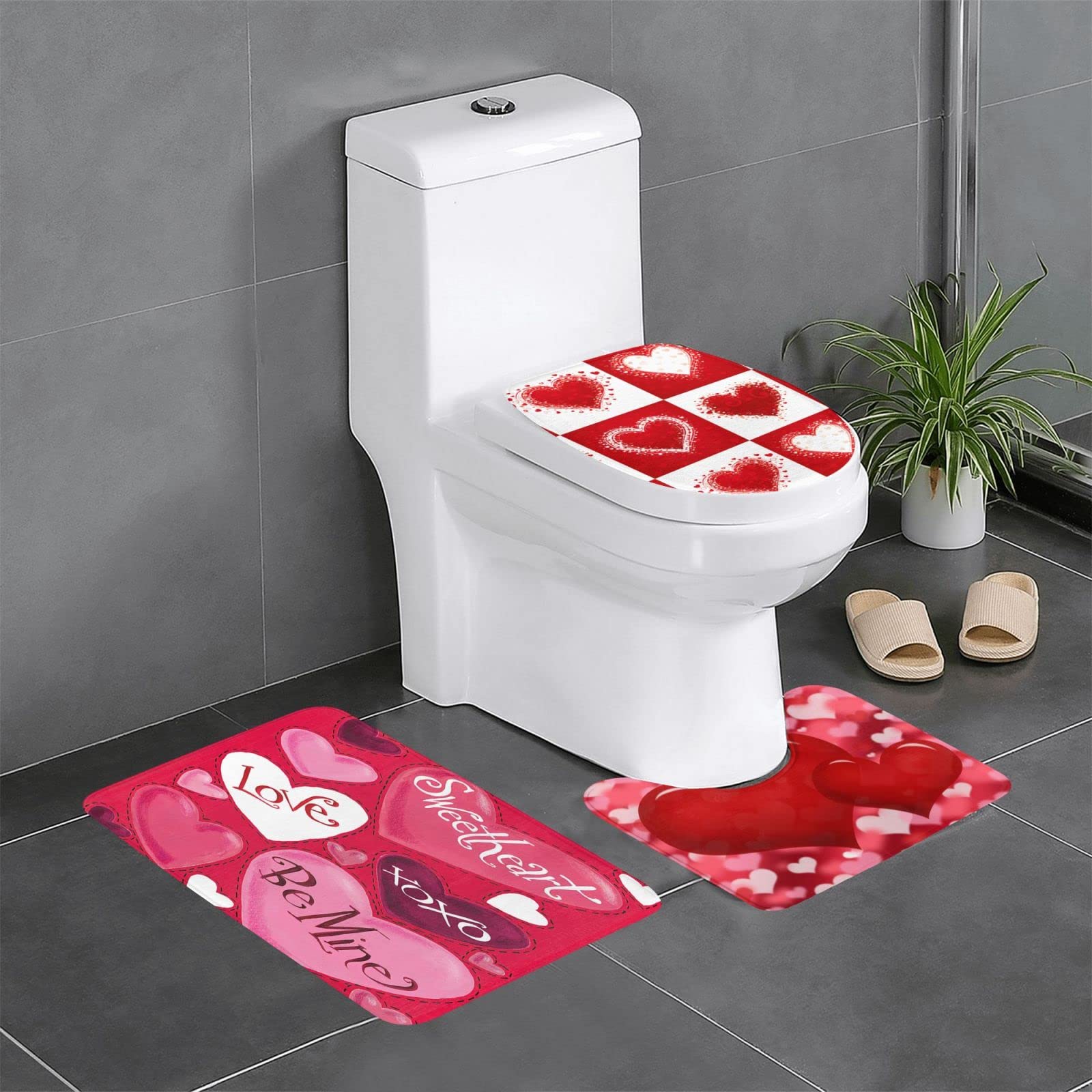 Valentine's Day 3-Piece Bathroom Rug Set - Red Rose Tulip Flower Non-Slip Bath Mats with U-Shaped Contour & Lid Cover | Soft Absorbent Memory Foam for Bathroom Decor, Shower & Vanity Area