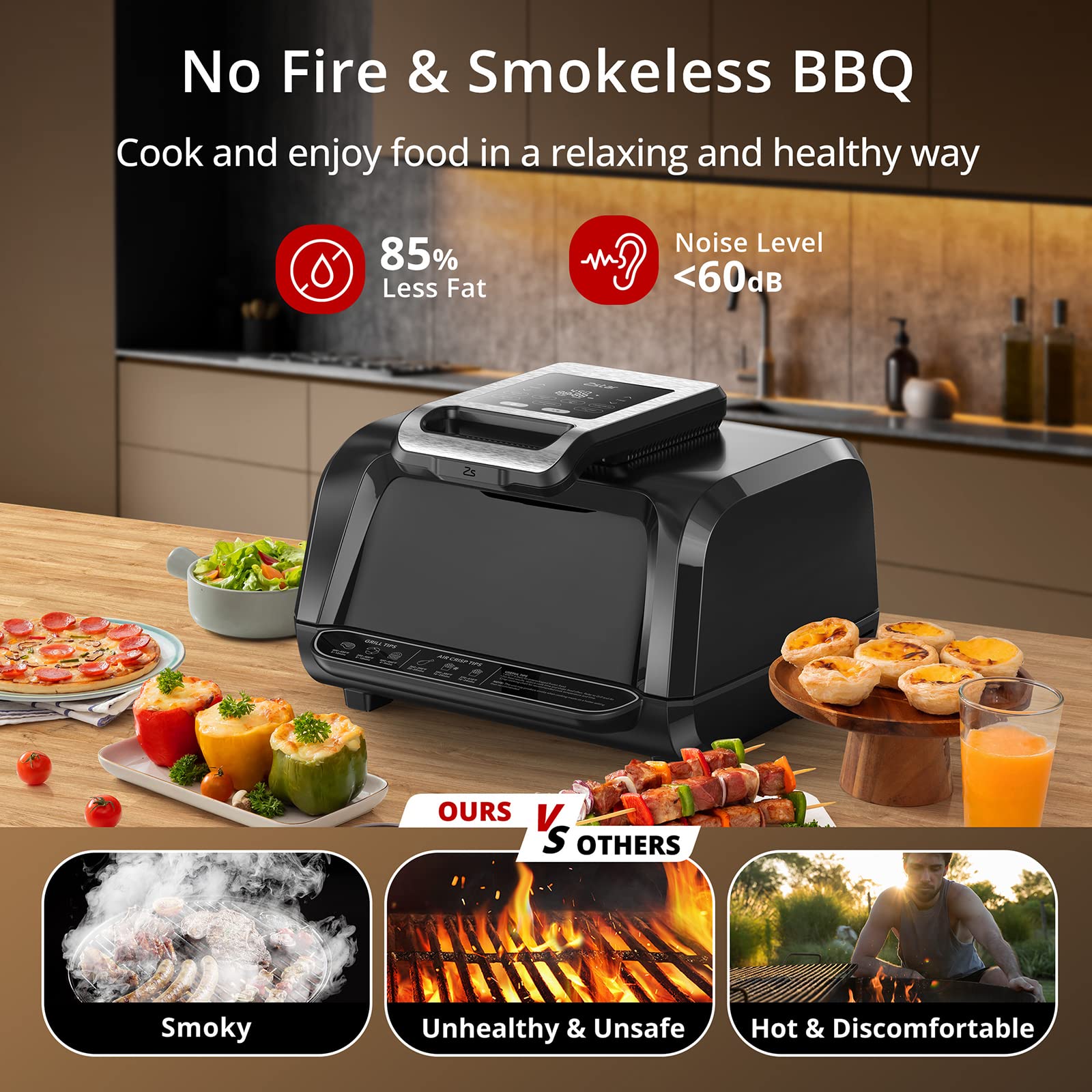 **Zstar 7-in-1 Indoor Grill & Air Fryer Combo – 1750W Smokeless Electric Grill with See-Through Window, Non-Stick Plates & Even Heat (Up to 450°F) – Includes Silicone Tongs & 4Qt Capacity – Perfect for Healthy Cooking, Grilling, Air Frying & More**