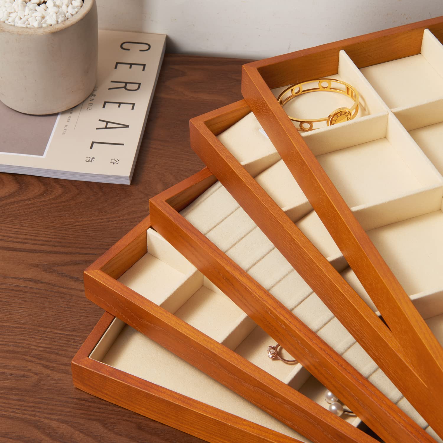 Oirlv 13 Grid Wooden Jewelry Organizer Tray for Necklace, Bracelet & Pendant - Stackable Drawer Storage Display (Creamy-White) | Perfect for Jewelry Shops, Boutiques & Home Vanity Organization