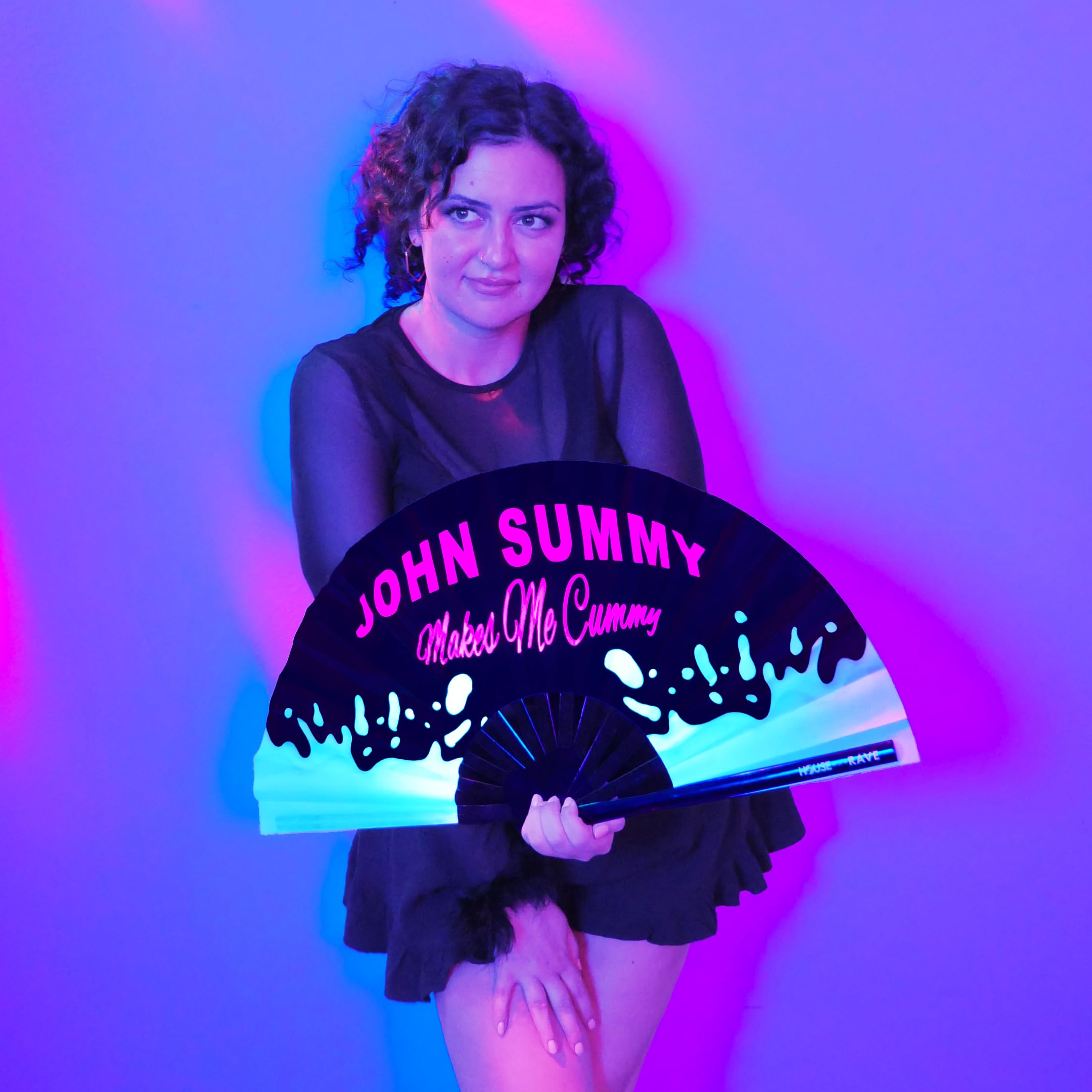 John Summy Rave Fan - Eiffel Tower Daddy Dom Funny Hand Fan - Large UV Glow Folding Fan for Women - 13 Inch Festival Fan - Perfect for Raves, Concerts, Festivals & Summer Cooling