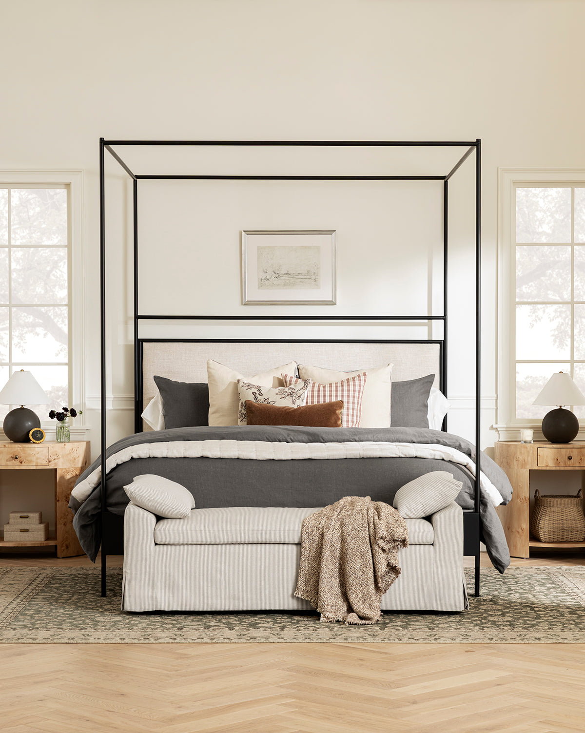 Stylish Sutherland Canopy Bed Frame - Queen Size Wooden Four Poster Bed with Curtains for Romantic Bedroom Decor | Perfect for Master Bedrooms, Guest Rooms & Boho Chic Home Design