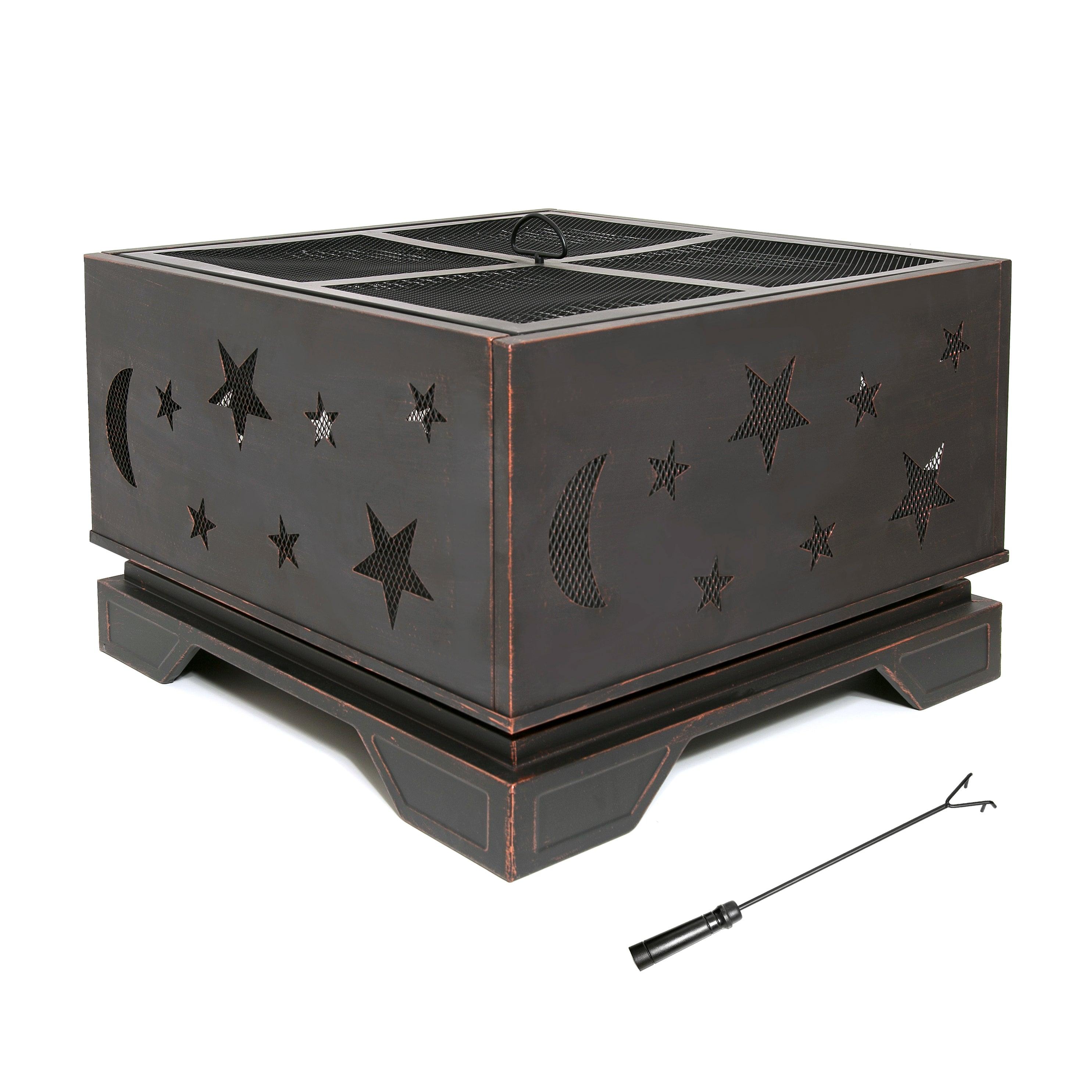 26 Inch Square Fire Pit with BBQ Grill - Outdoor Wood Burning Fire Pit with Poker Tool - Large Fireplace for Patio, Garden, Camping, Backyard & Picnic - Perfect for Bonfires, Roasting Marshmallows & Outdoor Gatherings