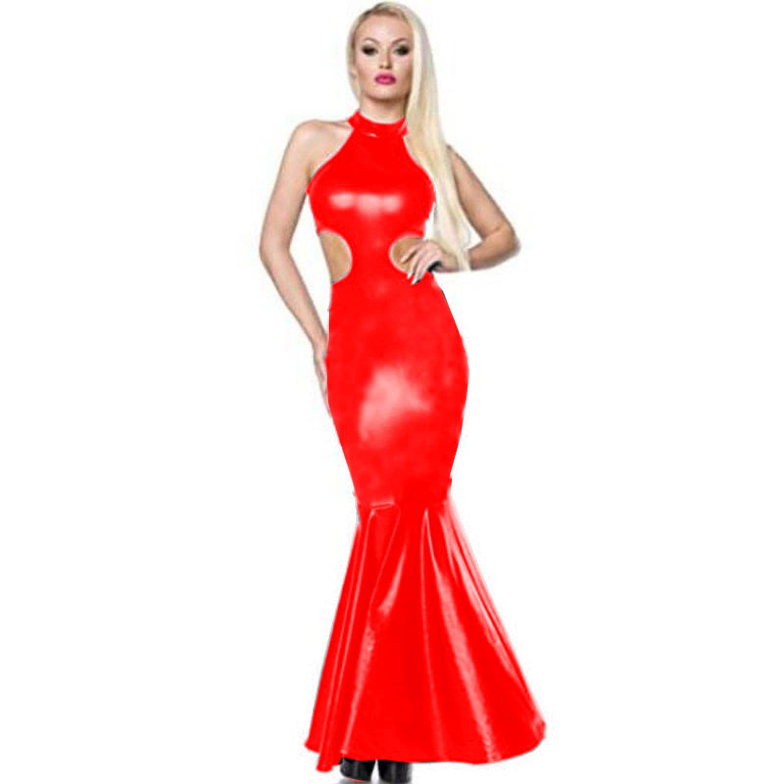 Elegant Plus Size PVC Sleeveless High Neck Long Bodycon Dress - Sexy Hollow Out Evening Gown for Women | Perfect for Cocktail Parties, Date Nights & Formal Events