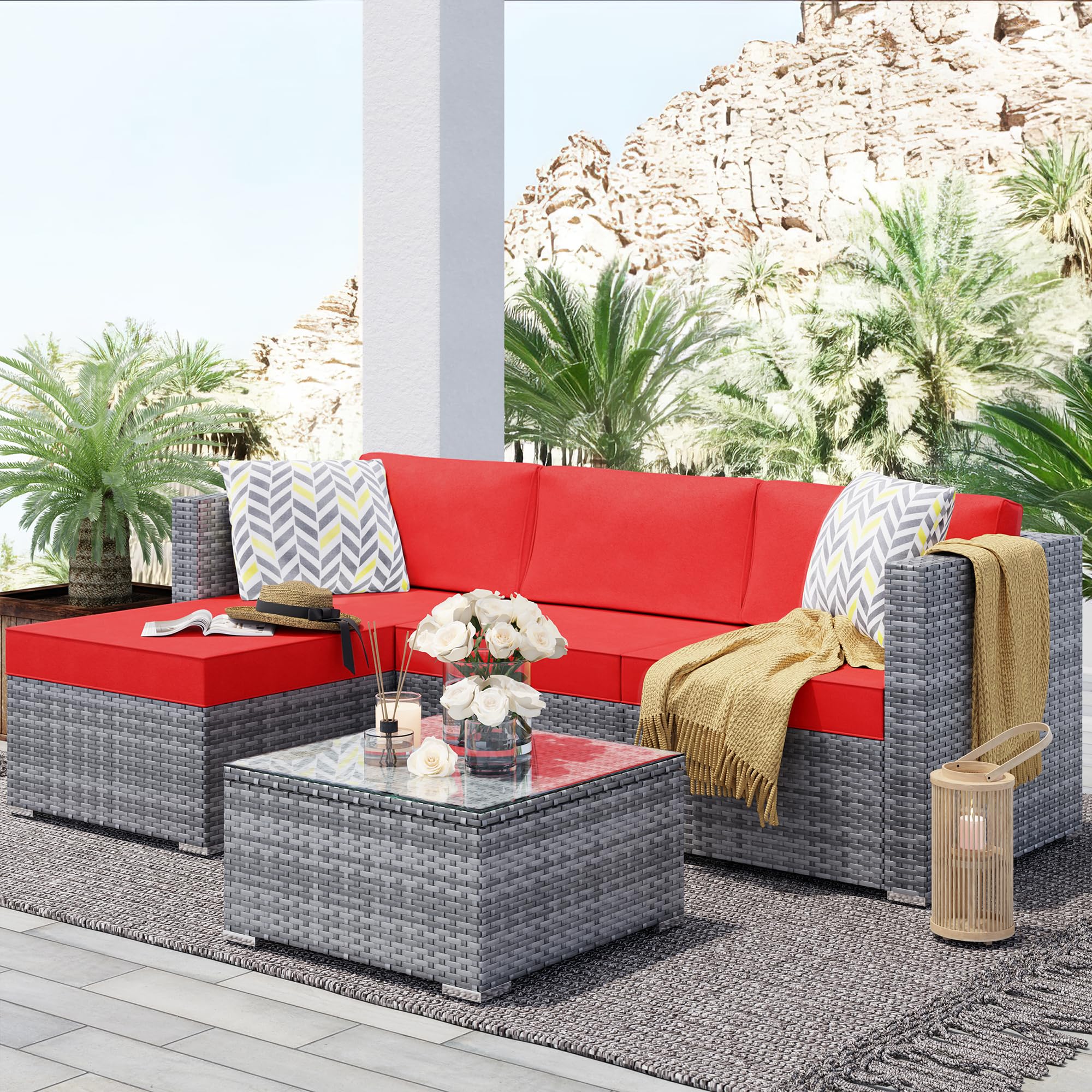 **SUNLEI 3-Piece Outdoor Patio Furniture Set with Cushions, Adjustable PE Rattan Sectional Sofa & Coffee Table - Silver Rattan/Red - Perfect for Garden, Balcony, or Backyard Relaxation**