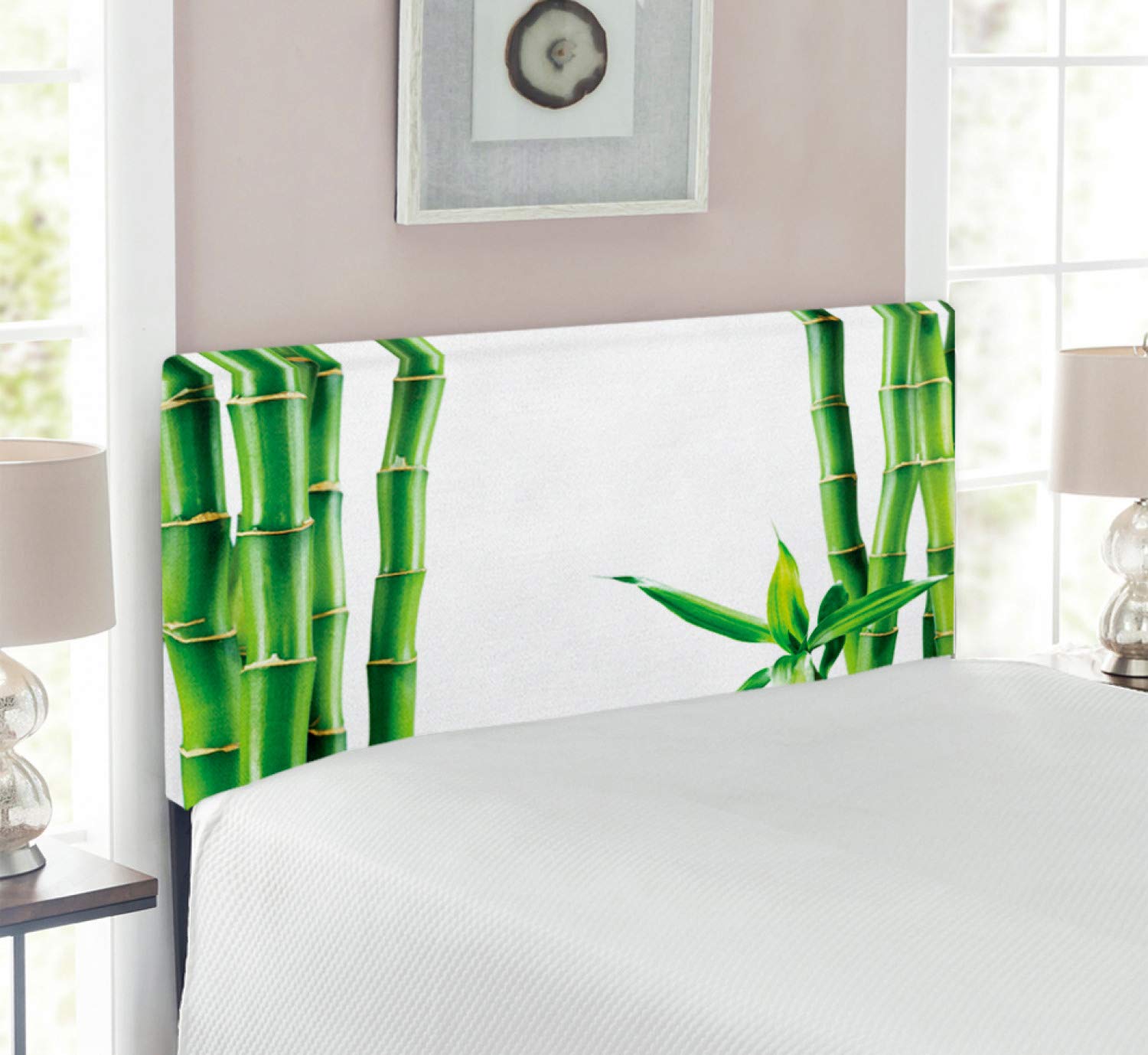 Ambesonne Asian Upholstered Headboard - Bamboo Branch Design, Tropical Greenery Feng Shui Style, Decorative Metal Bed Headboard with Memory Foam, Twin Size, Fern Green & White - Perfect for Zen Bedroom, Spa Retreat or Asian-Themed Home Decor
