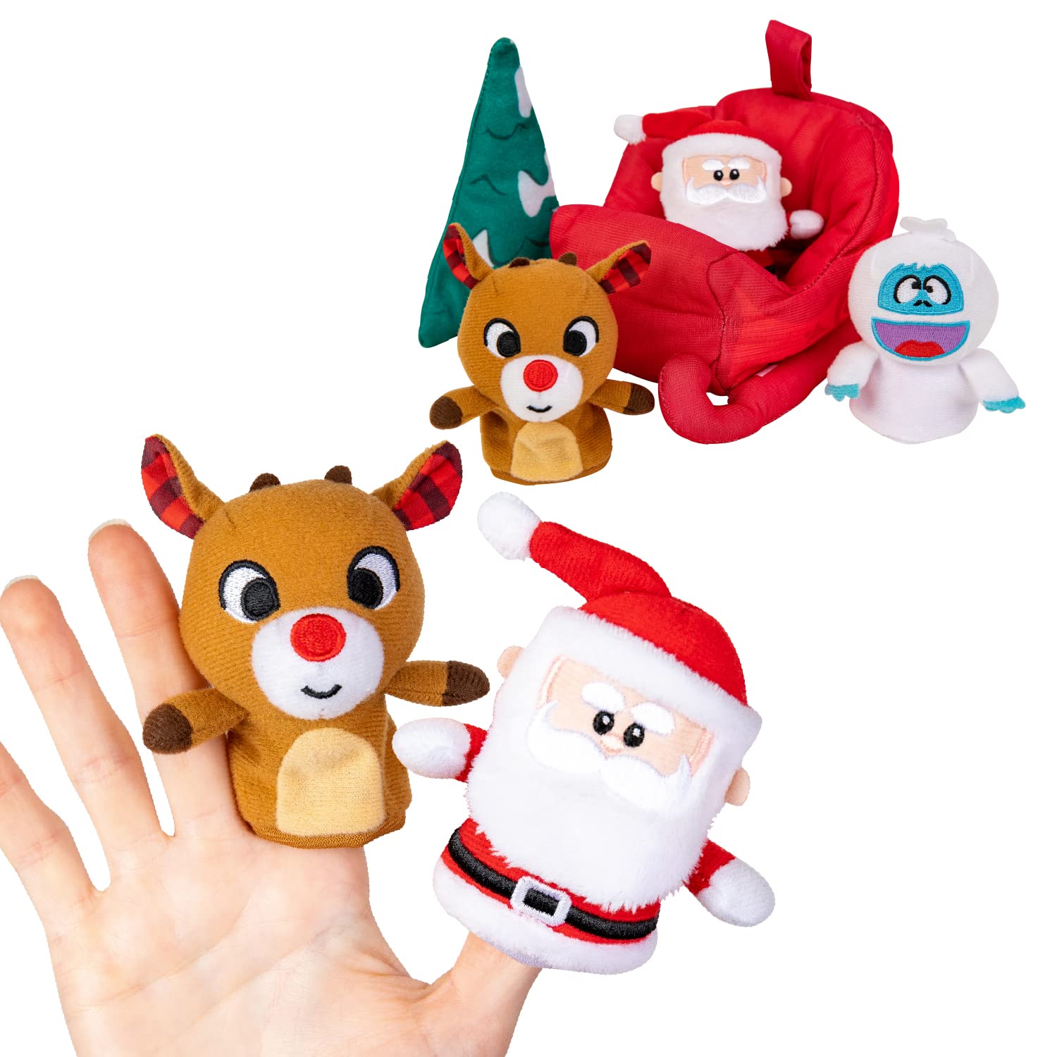 KIDS PREFERRED Christmas Rudolph The Red-Nosed Reindeer Finger Puppet Playset with Sleigh - 5 Piece Holiday Plush Toy Set for Toddlers (23133) | Fun Christmas Party Favors & Interactive Storytime Toys for Kids