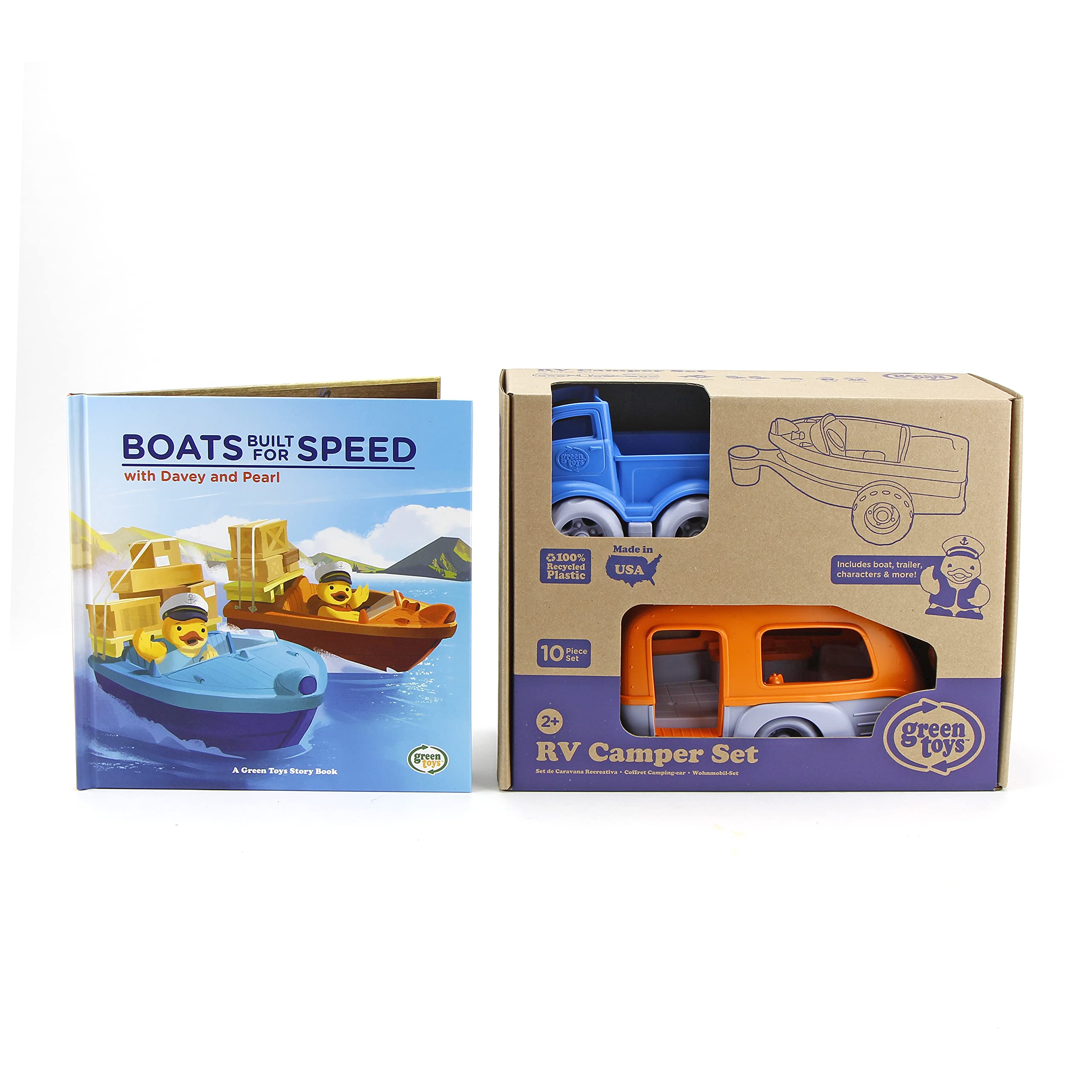 Green Toys RV Camper Playset & Speed Boats - Eco-Friendly Toy Vehicles for Kids | Pretend Play, Bath Time Fun & Storybook Adventures