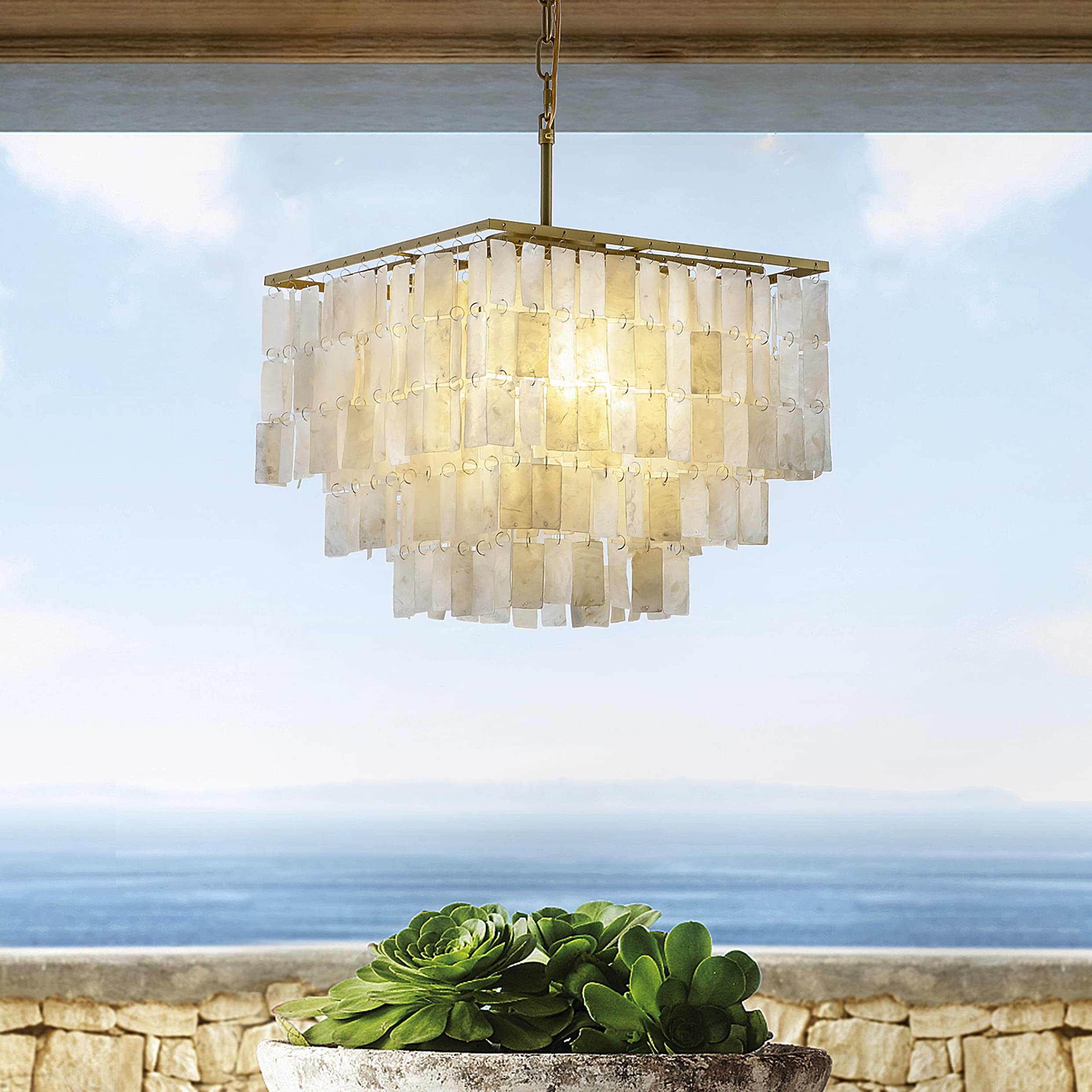 3-Light Square Antique Brass Chandelier with Rectangle Capiz Natural Seashells - Modern Farmhouse Ceiling Light Fixture - 15.7 Inch Wide - Perfect for Living Room, Dining Room, Bedroom, Foyer & Entryway Lighting