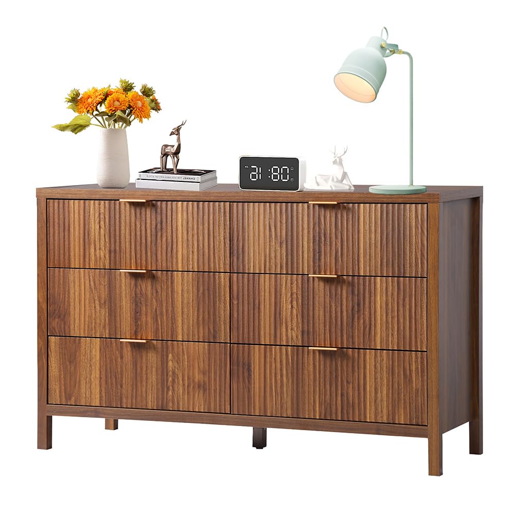 6 Drawer Solid Wood Dresser Cabinet - Farmhouse Style Nightstand with Storage, Mid Century Modern TV Stand for Bedroom & Closet Organization (Walnut) | Perfect for Bedroom, Living Room & Home Office Storage Solutions