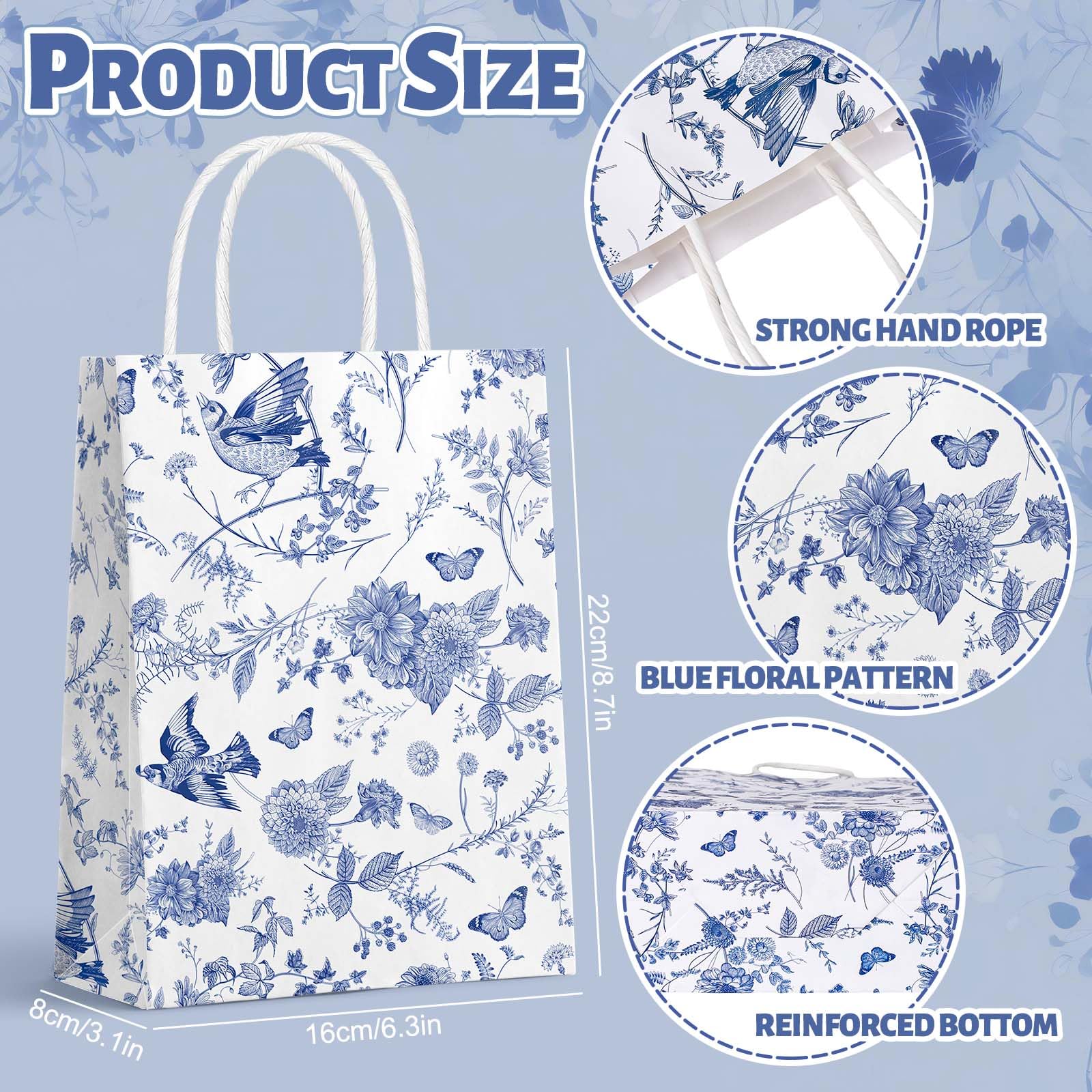 16Pcs Floral Gift Bags with Handles - Blue & White Chinoiserie Hydrangea Design for Wedding, Birthday Party Favors & Decorative Packaging | Elegant Party Supplies for Bridal Showers, Baby Showers & Special Events
