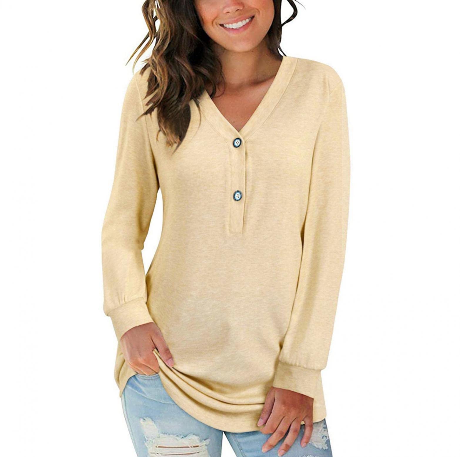 Plus Size Women's Casual V-Neck Long Sleeve Button Down Shirts - Trendy Spring Solid Color Tops for Work, Office & Everyday Wear